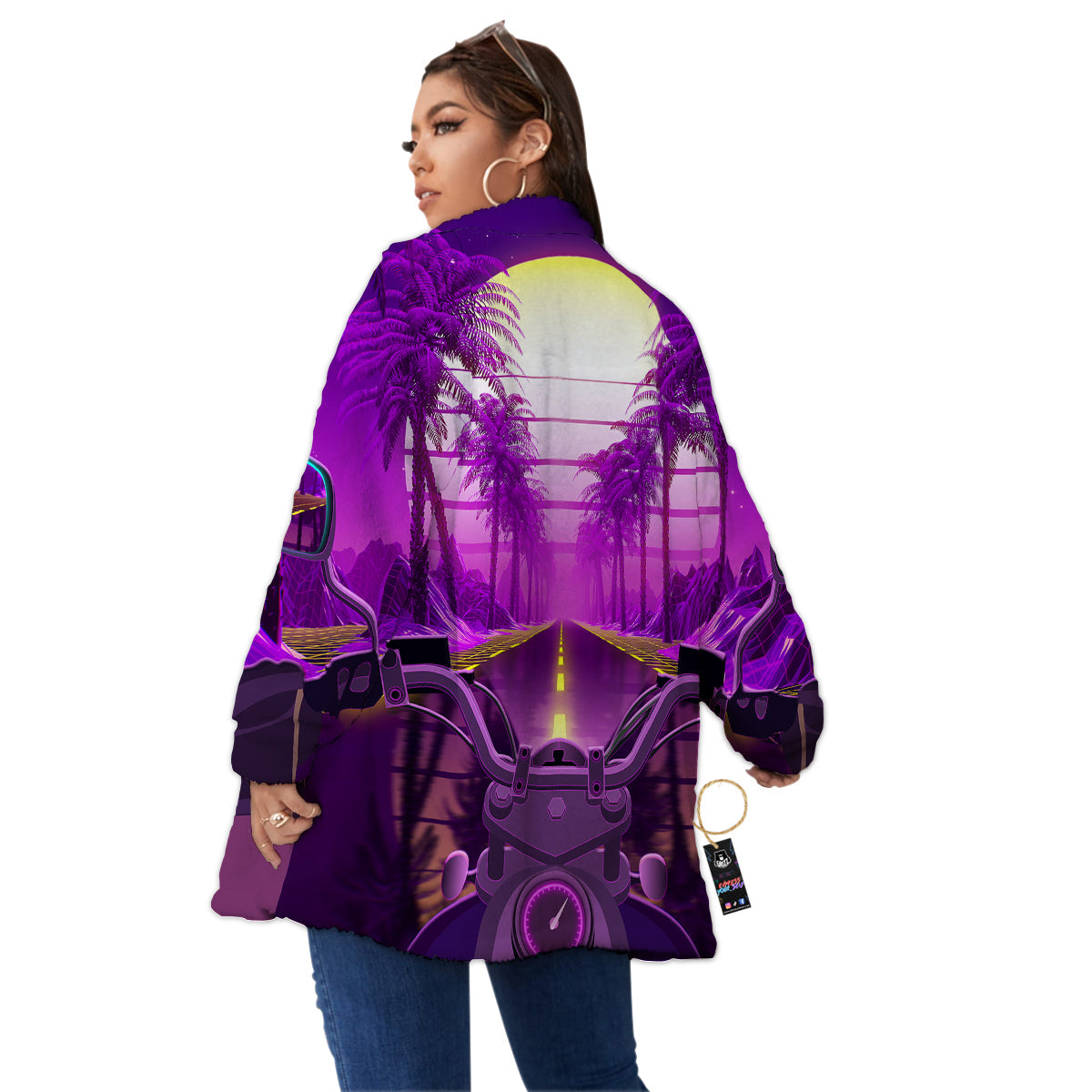 Riding Motorcycle Retro Purple Print Women's Sherpa Jacket-grizzshop