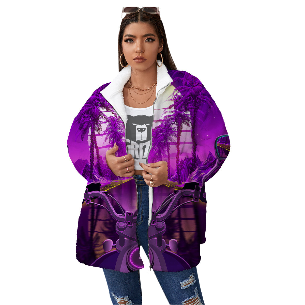 Riding Motorcycle Retro Purple Print Women's Sherpa Jacket-grizzshop