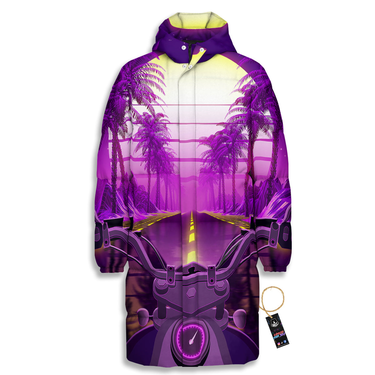 Riding Motorcycle Retro Purple Print Long Down Jacket