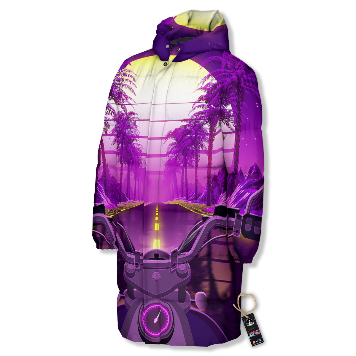 Riding Motorcycle Retro Purple Print Long Down Jacket