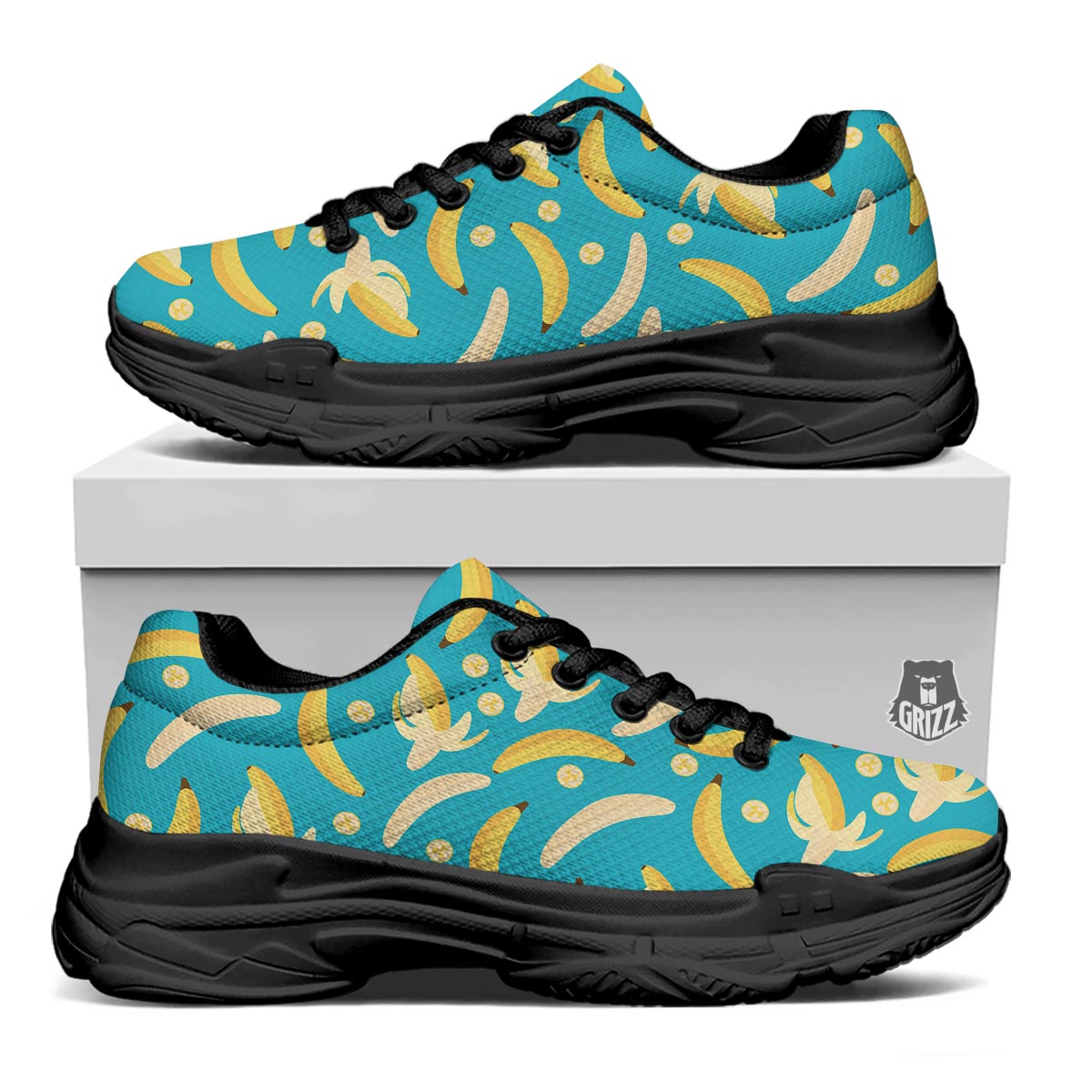 Ripe Banana Print Pattern Black Chunky Shoes-grizzshop