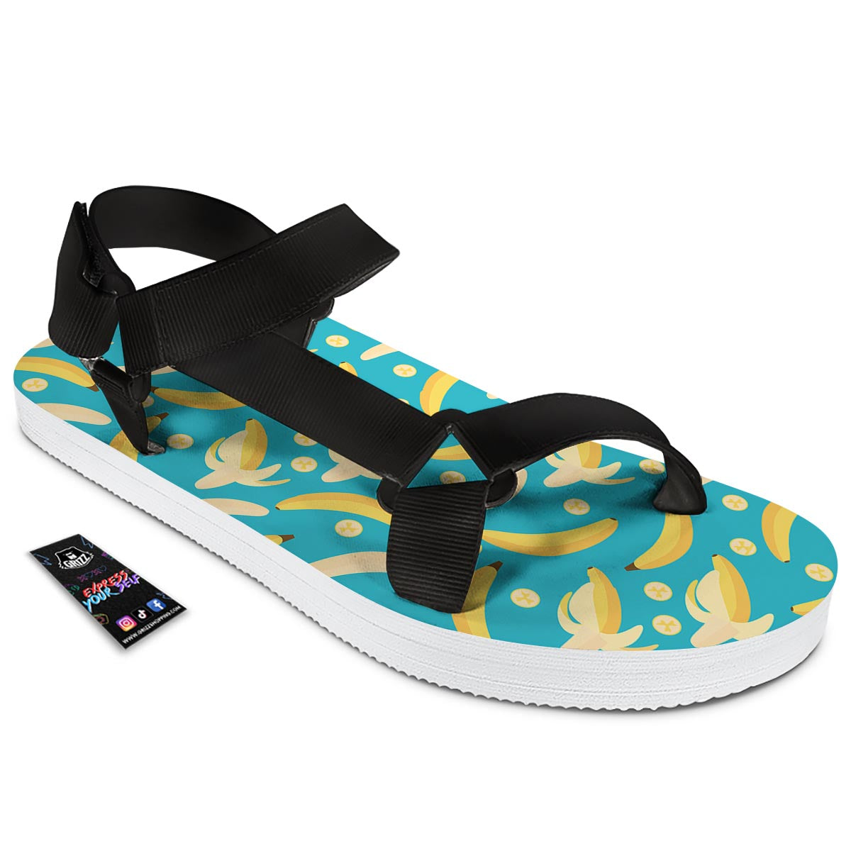 Ripe Banana Print Pattern Black Open Toe Sandals-grizzshop