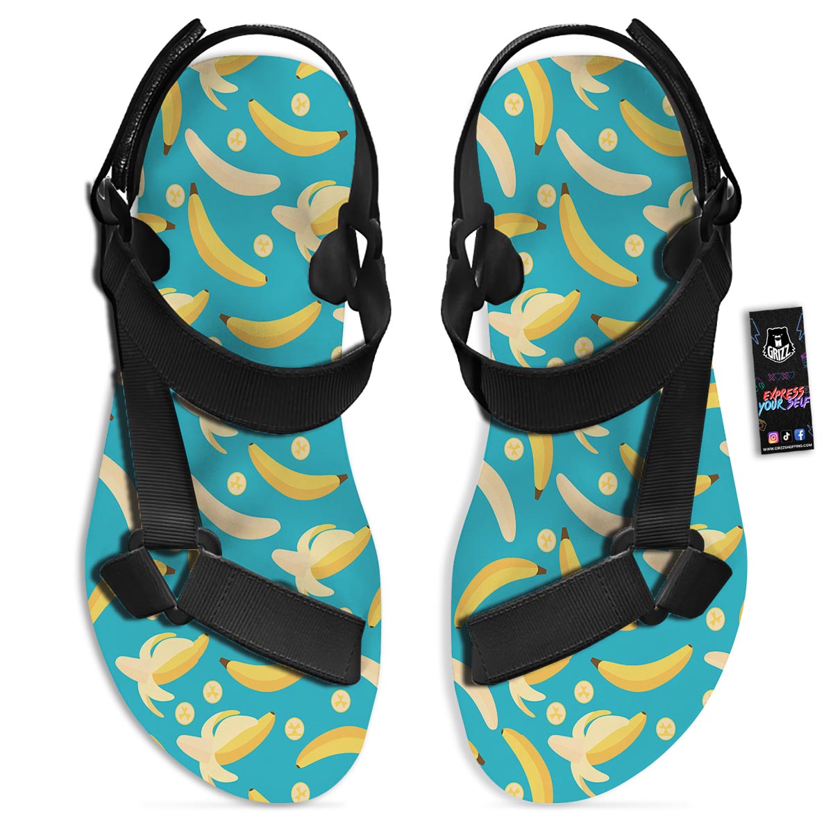 Ripe Banana Print Pattern Black Open Toe Sandals-grizzshop