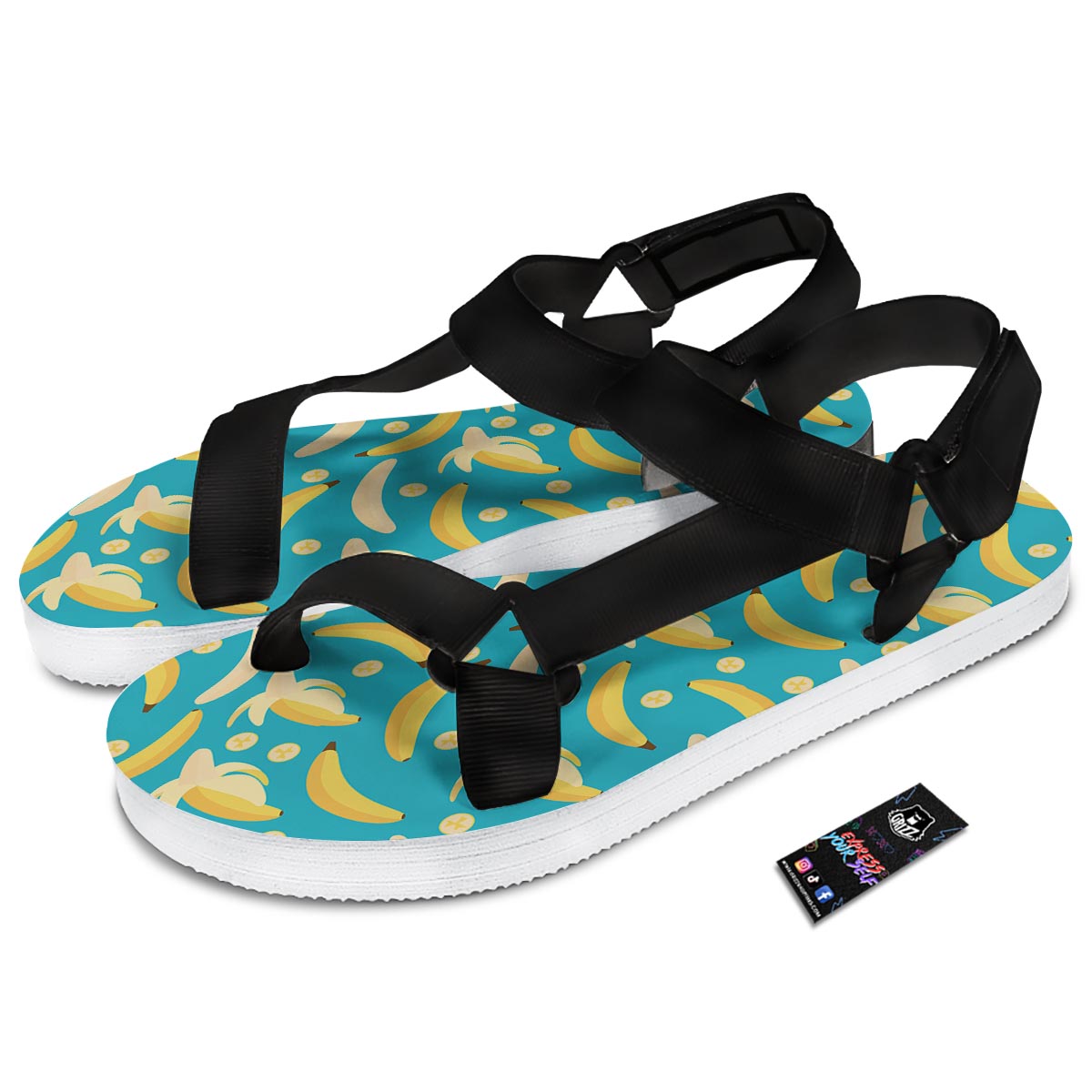 Ripe Banana Print Pattern Black Open Toe Sandals-grizzshop