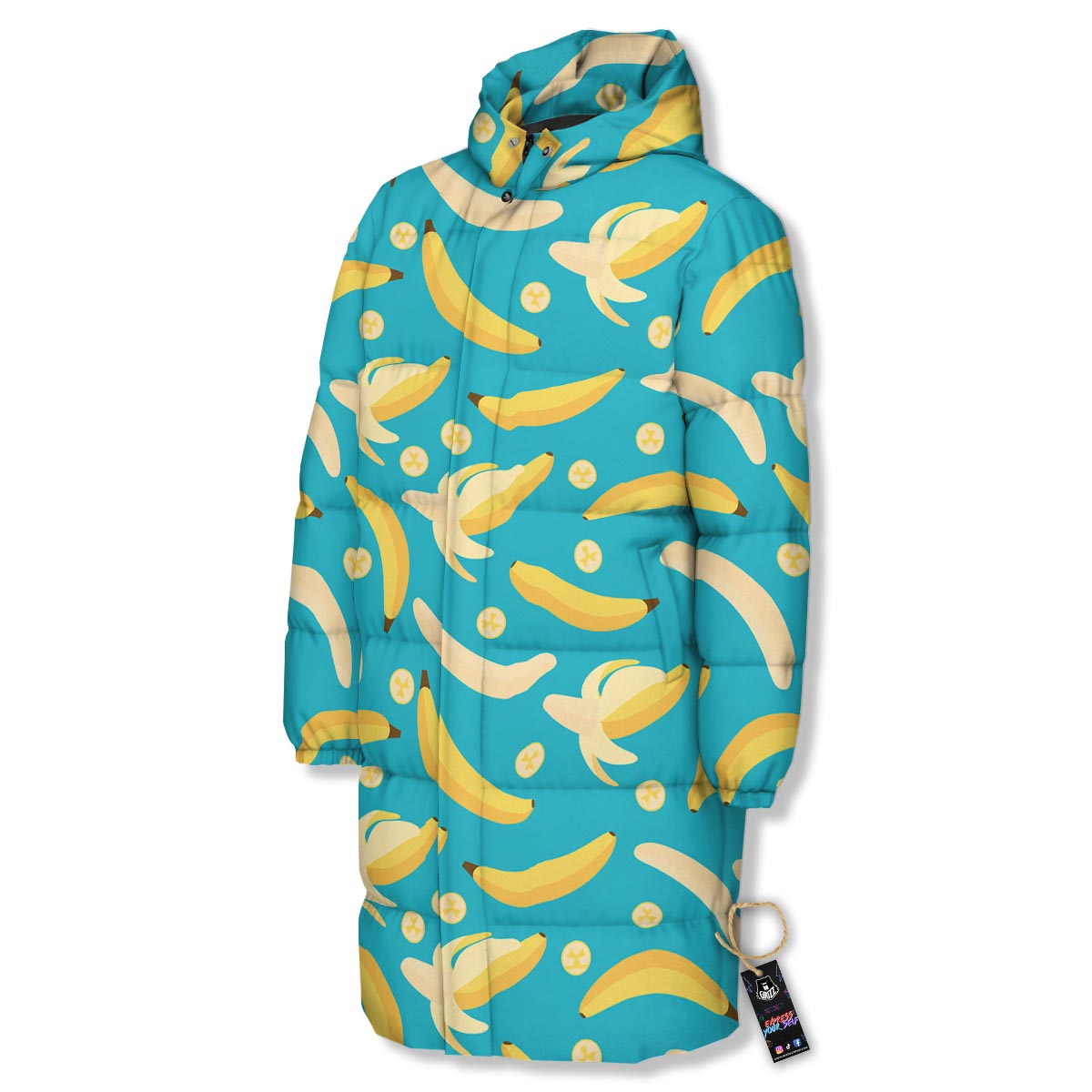 Ripe Banana Print Pattern Long Down Jacket-grizzshop