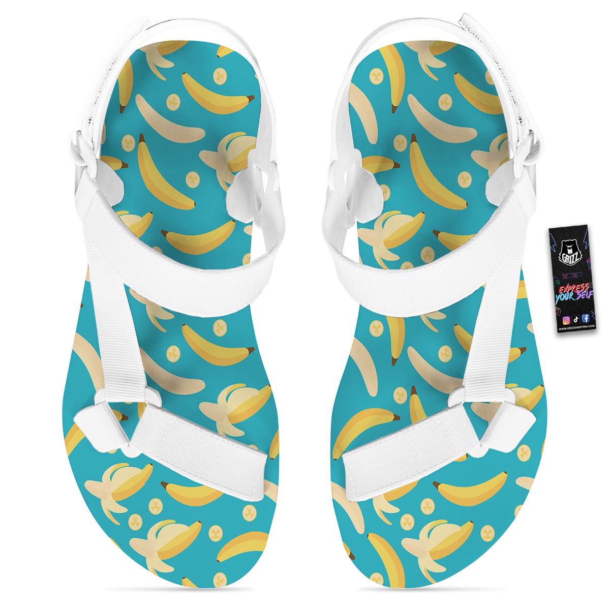 Ripe Banana Print Pattern White Open Toe Sandals-grizzshop