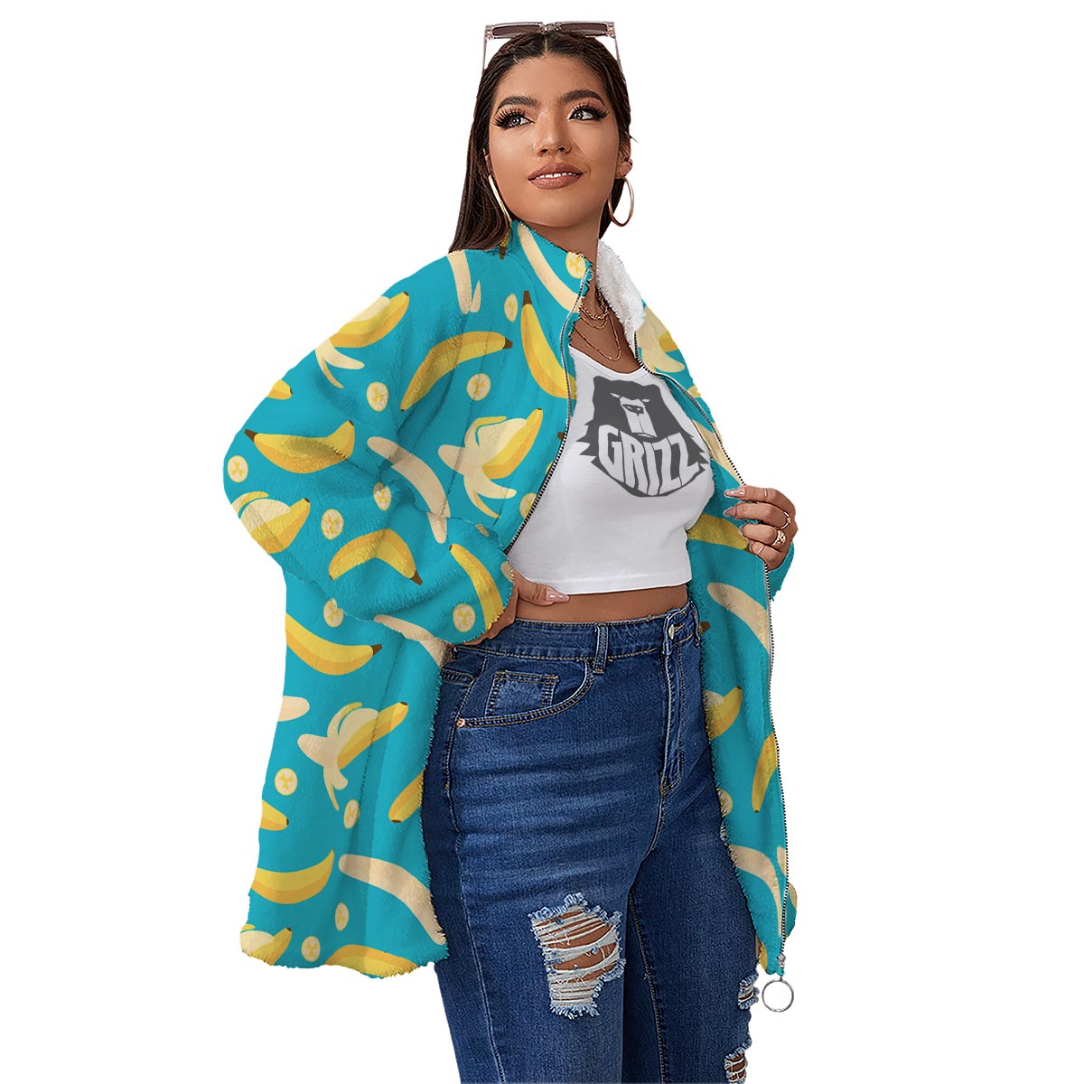 Ripe Banana Print Pattern Women's Sherpa Jacket-grizzshop