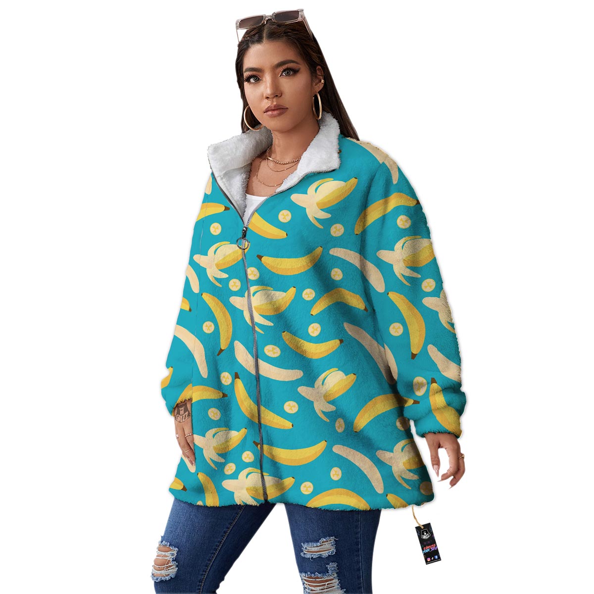 Ripe Banana Print Pattern Women's Sherpa Jacket-grizzshop