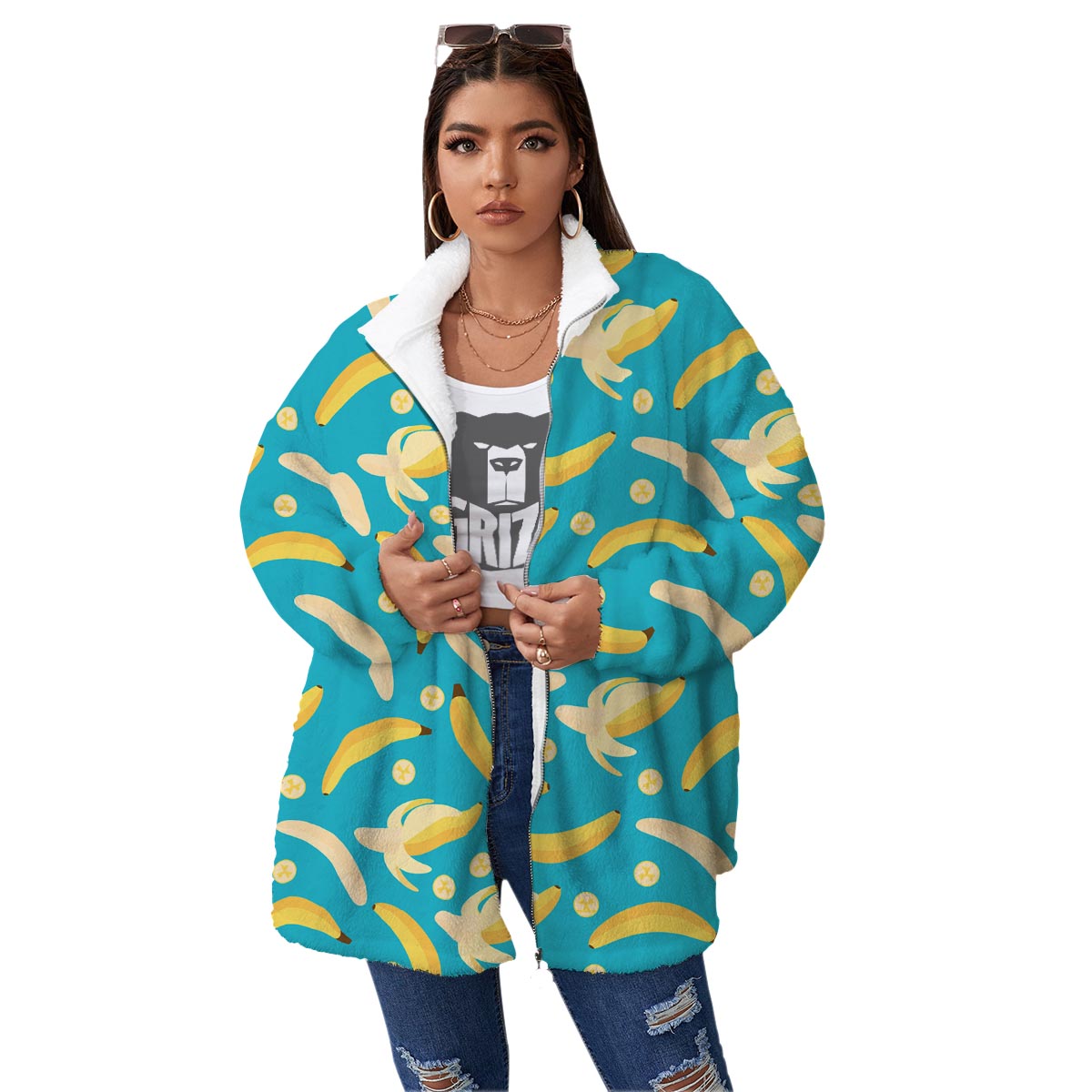 Ripe Banana Print Pattern Women's Sherpa Jacket-grizzshop