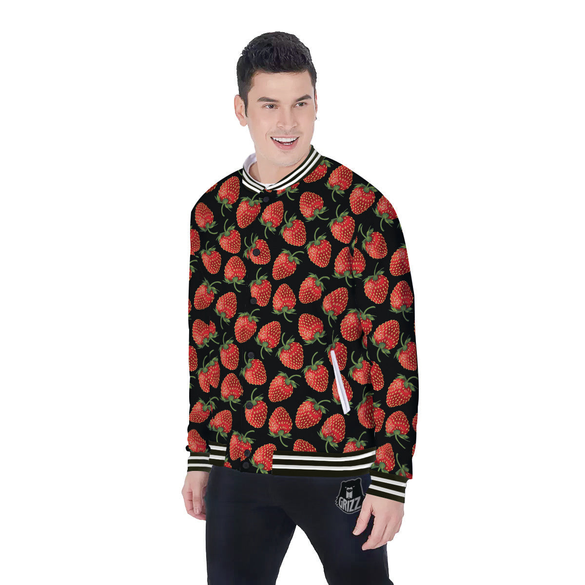 Ripe Strawberries Print Pattern Baseball Jacket-grizzshop