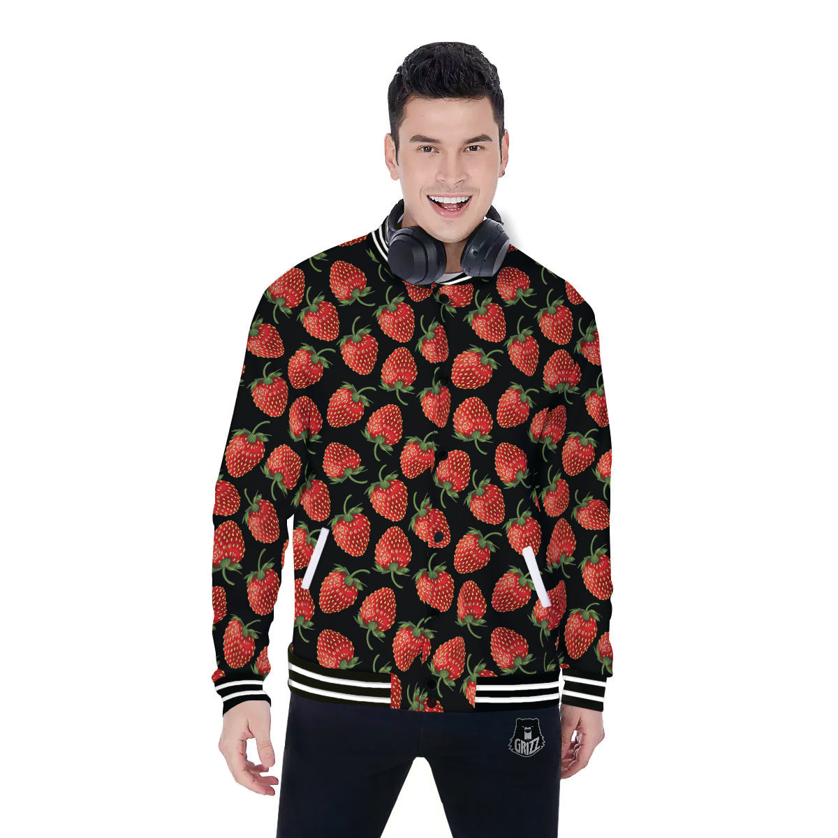 Ripe Strawberries Print Pattern Baseball Jacket-grizzshop
