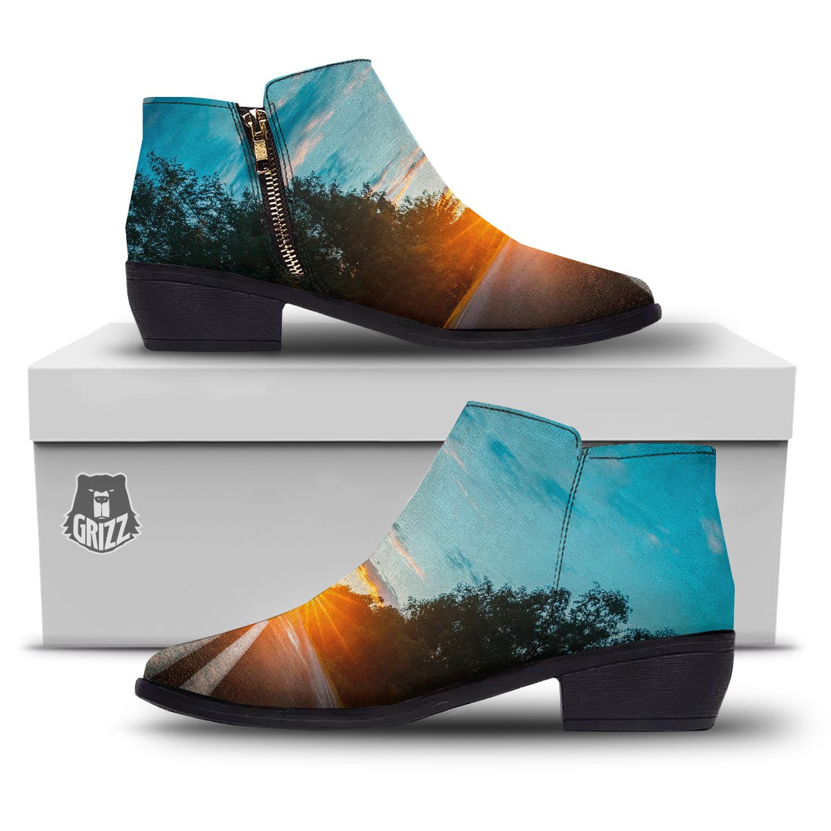 Road Sunrise Print Ankle Boots-grizzshop