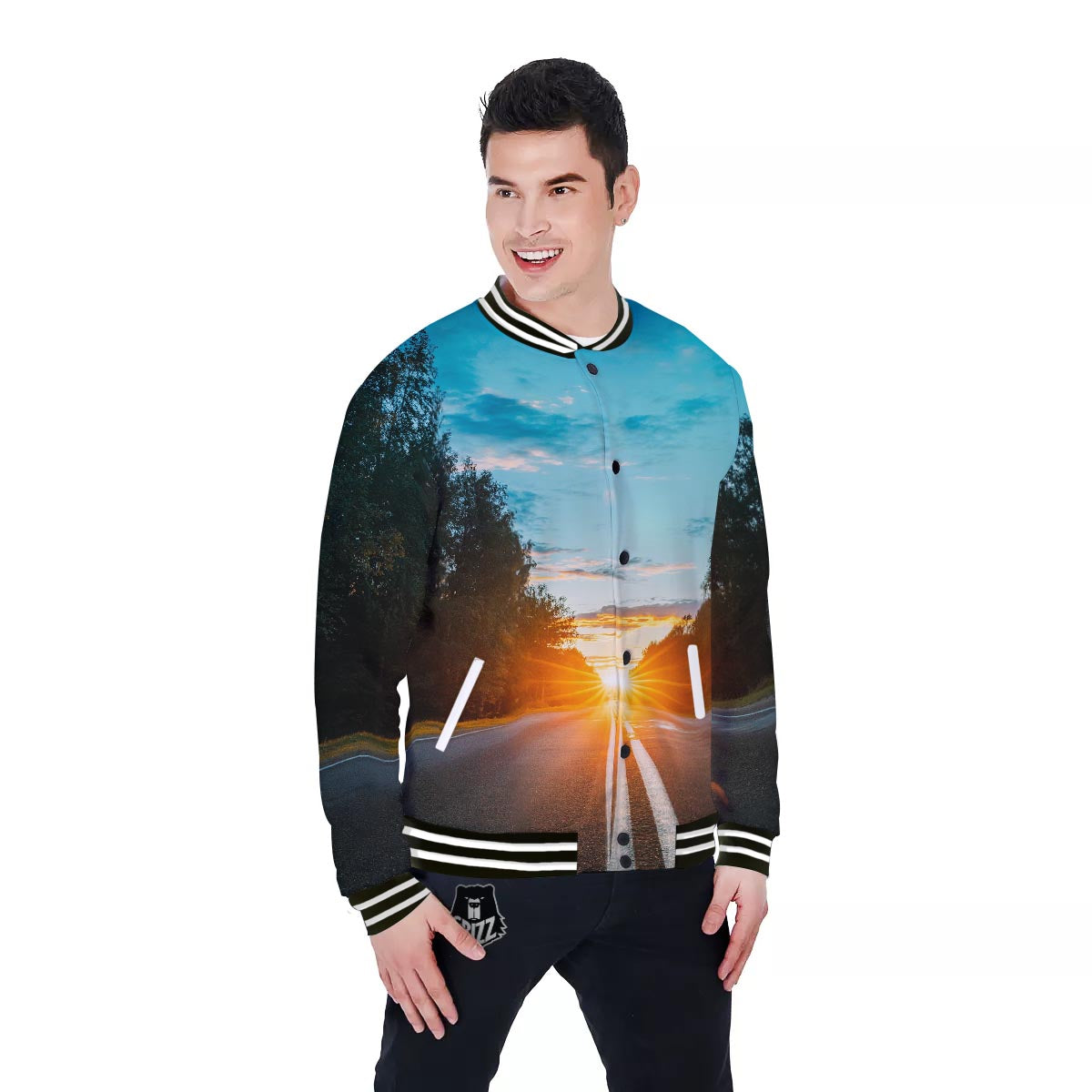 Road Sunrise Print Baseball Jacket-grizzshop