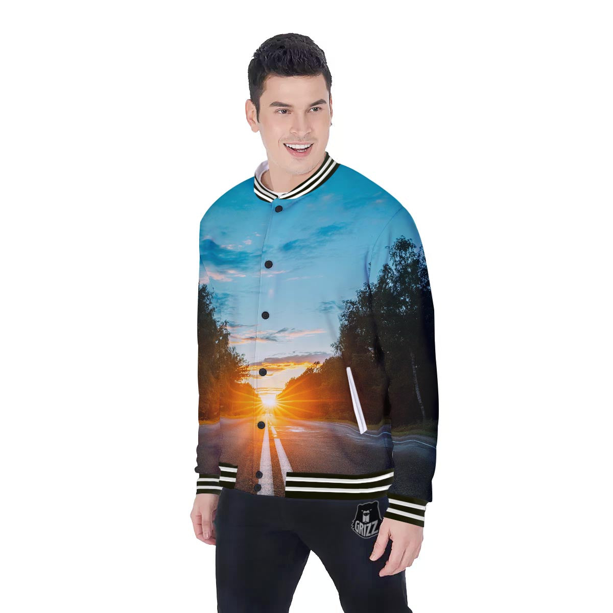 Road Sunrise Print Baseball Jacket-grizzshop