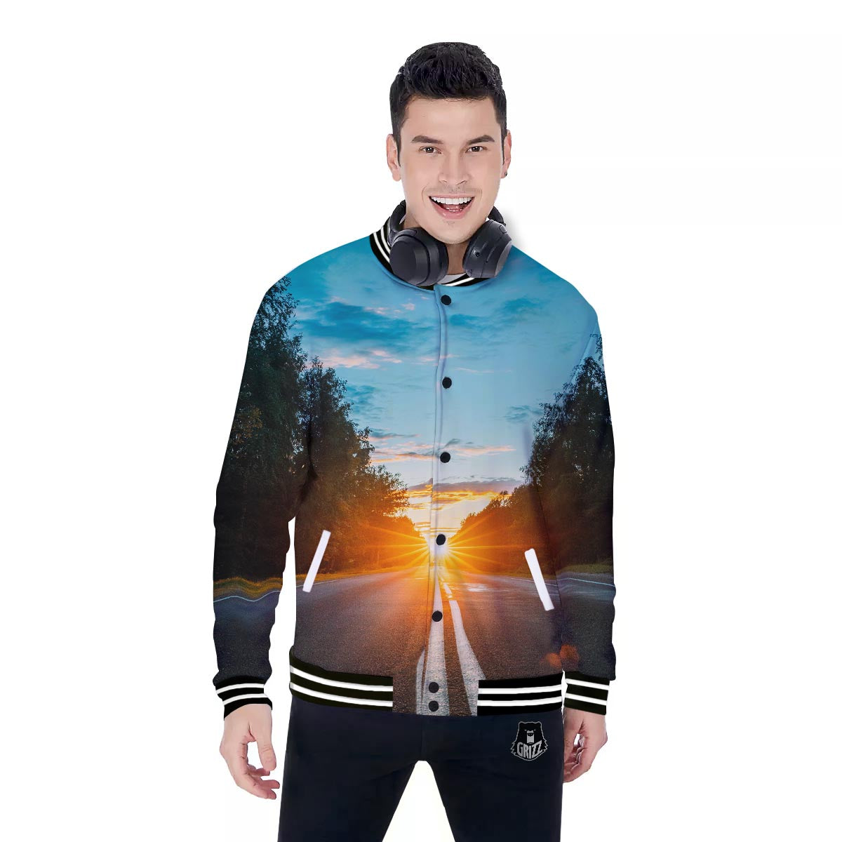 Road Sunrise Print Baseball Jacket-grizzshop