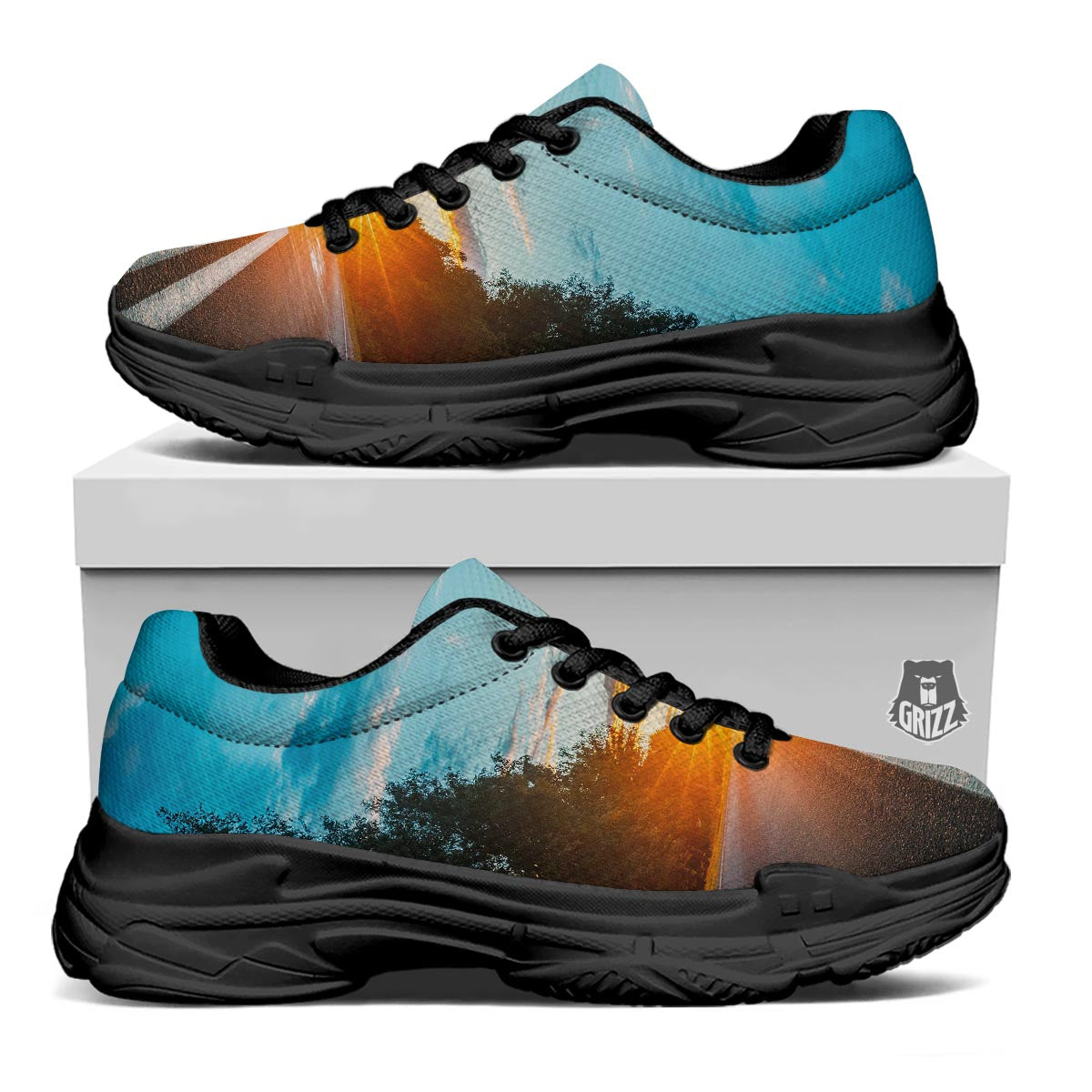 Road Sunrise Print Black Chunky Shoes-grizzshop