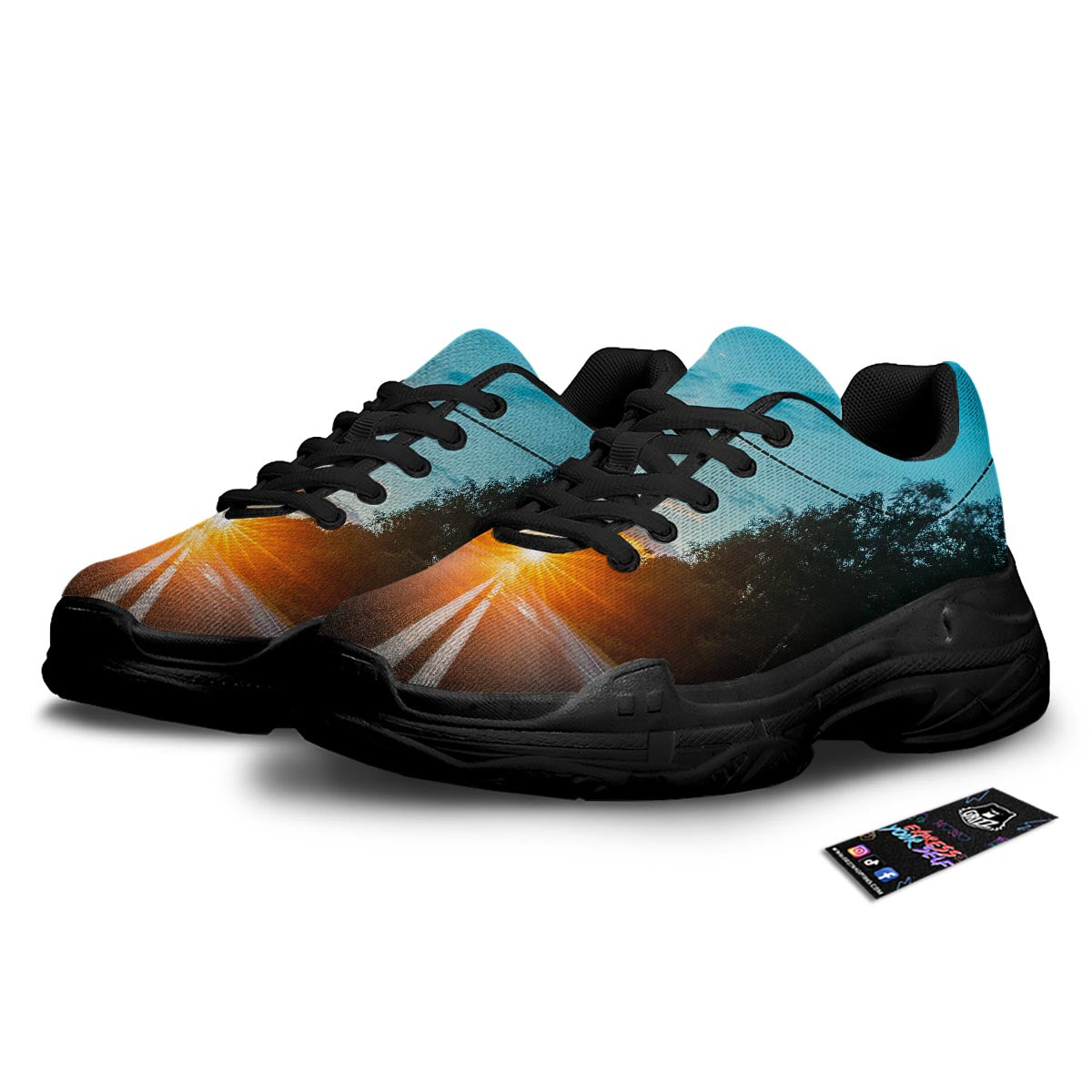 Road Sunrise Print Black Chunky Shoes-grizzshop