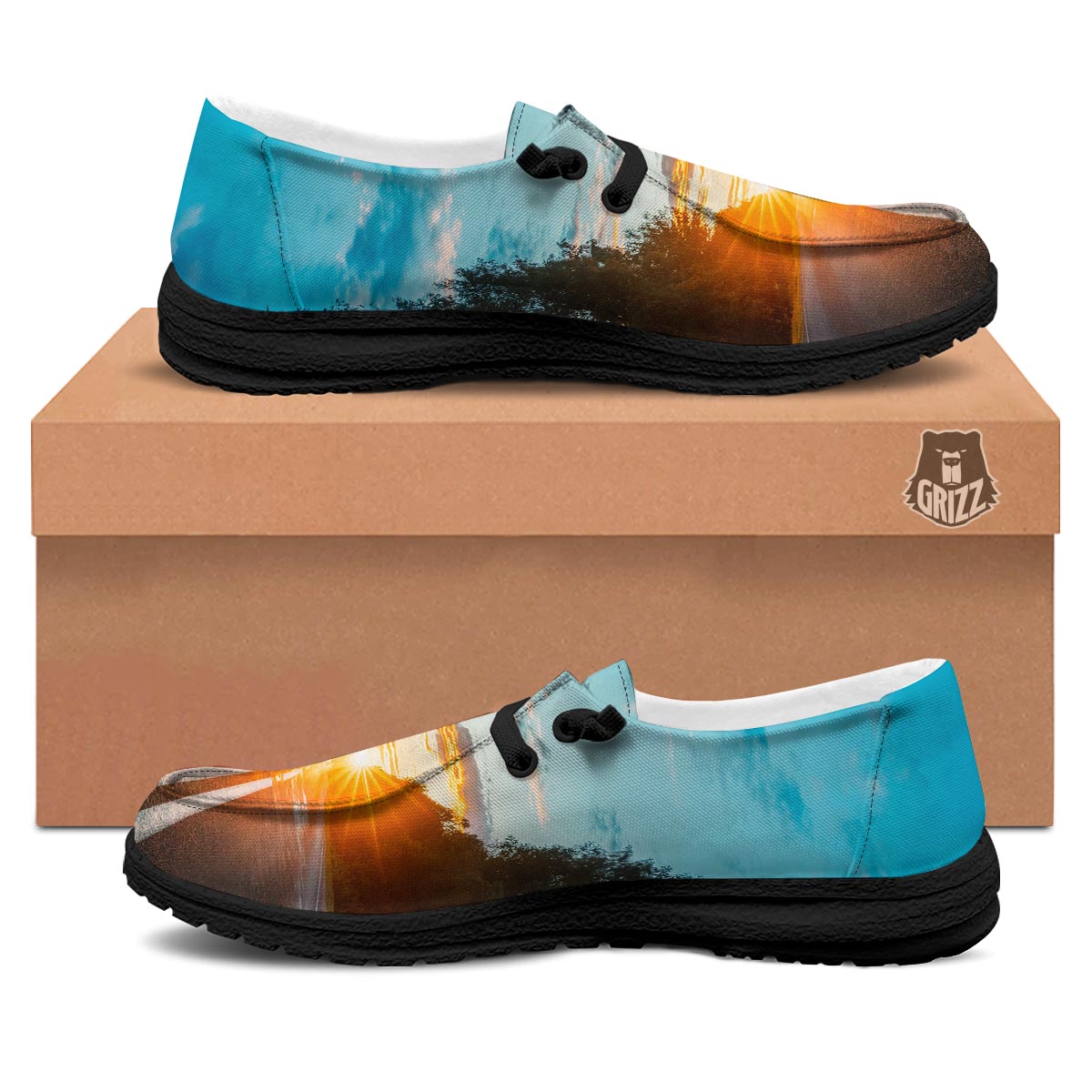 Road Sunrise Print Black Loafers-grizzshop