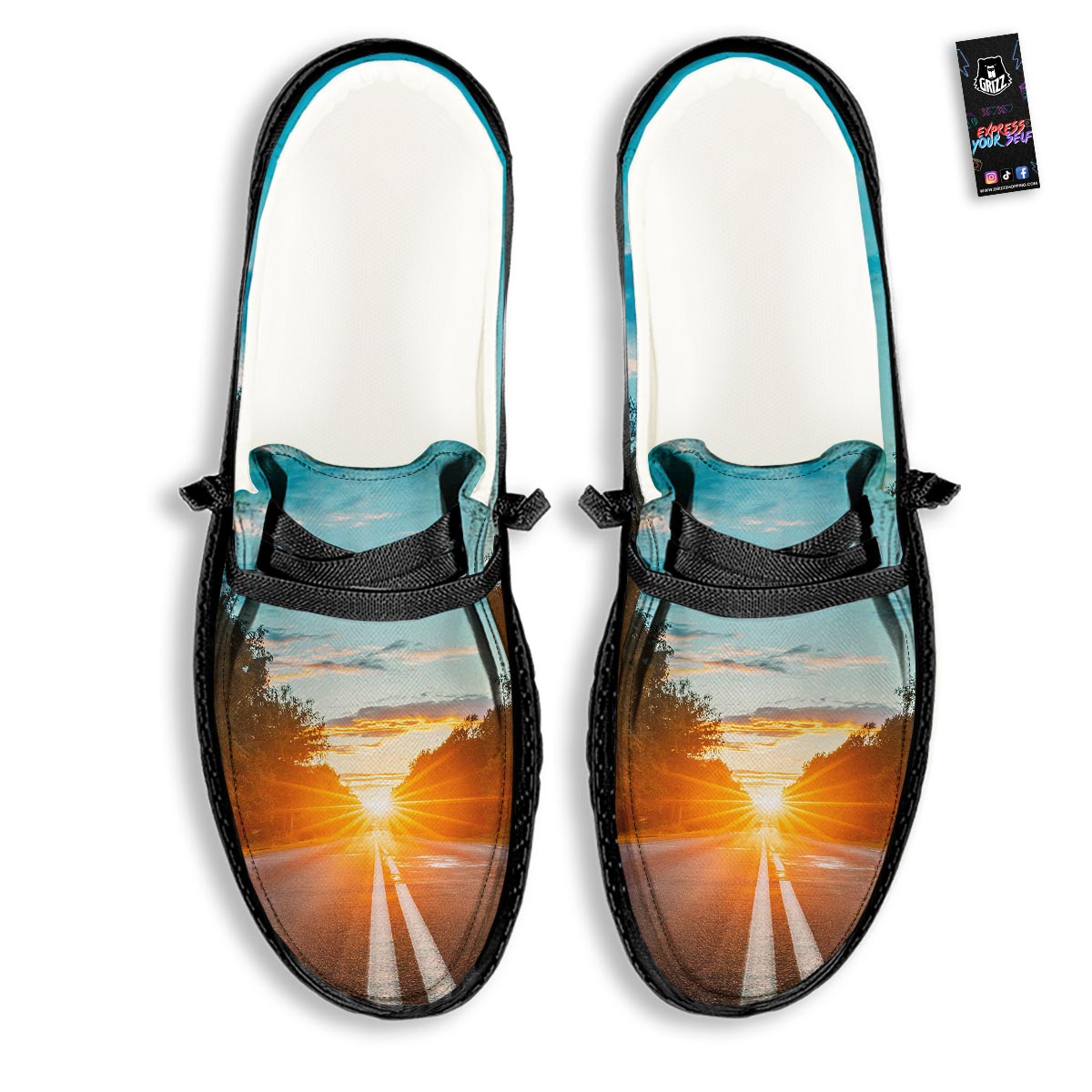 Road Sunrise Print Black Loafers-grizzshop