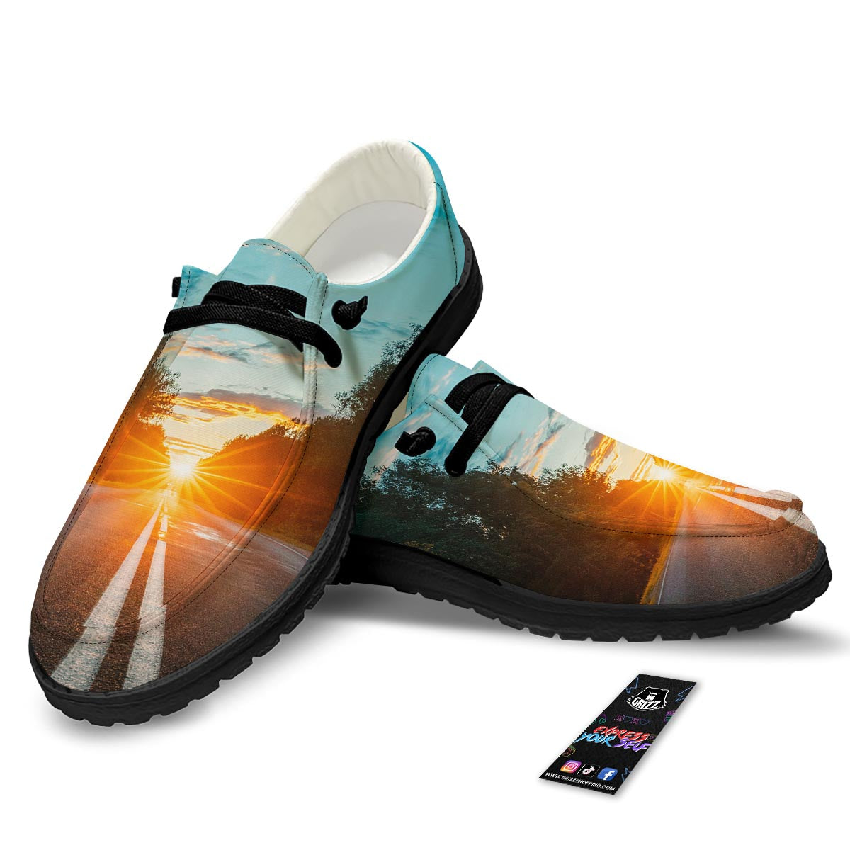 Road Sunrise Print Black Loafers-grizzshop