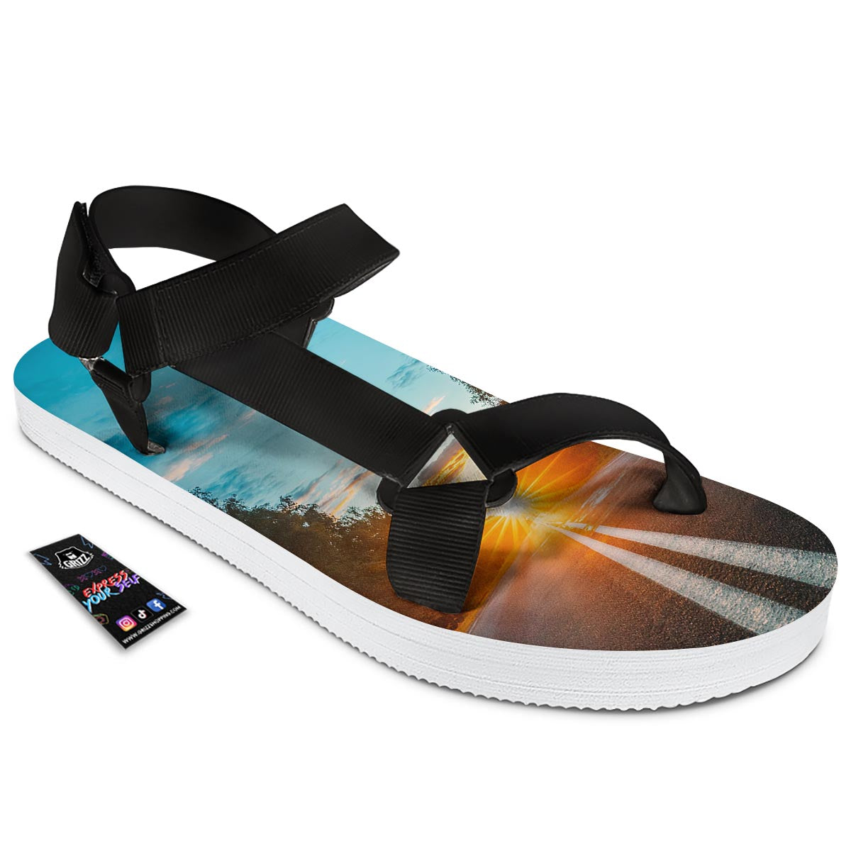 Road Sunrise Print Black Open Toe Sandals-grizzshop