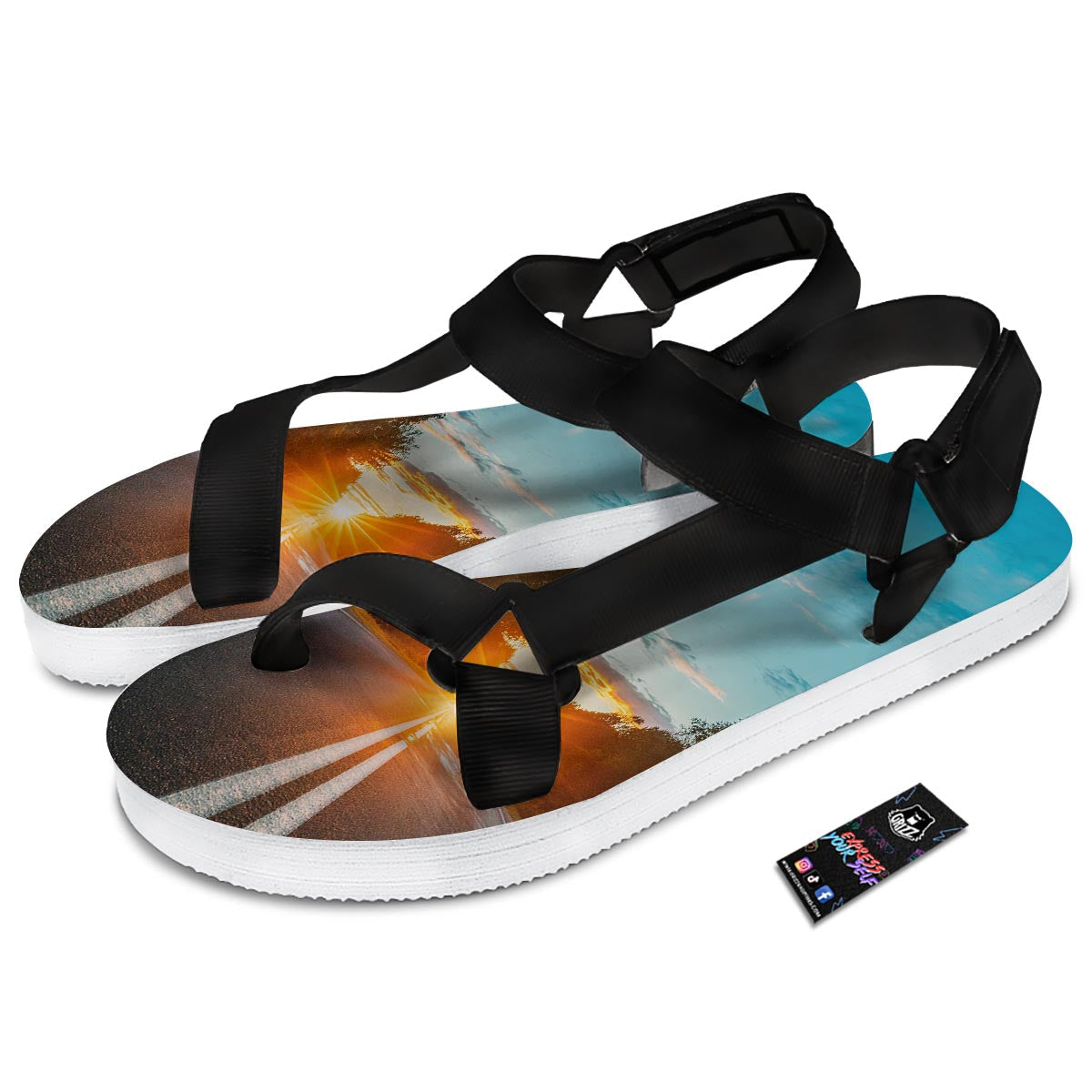Road Sunrise Print Black Open Toe Sandals-grizzshop
