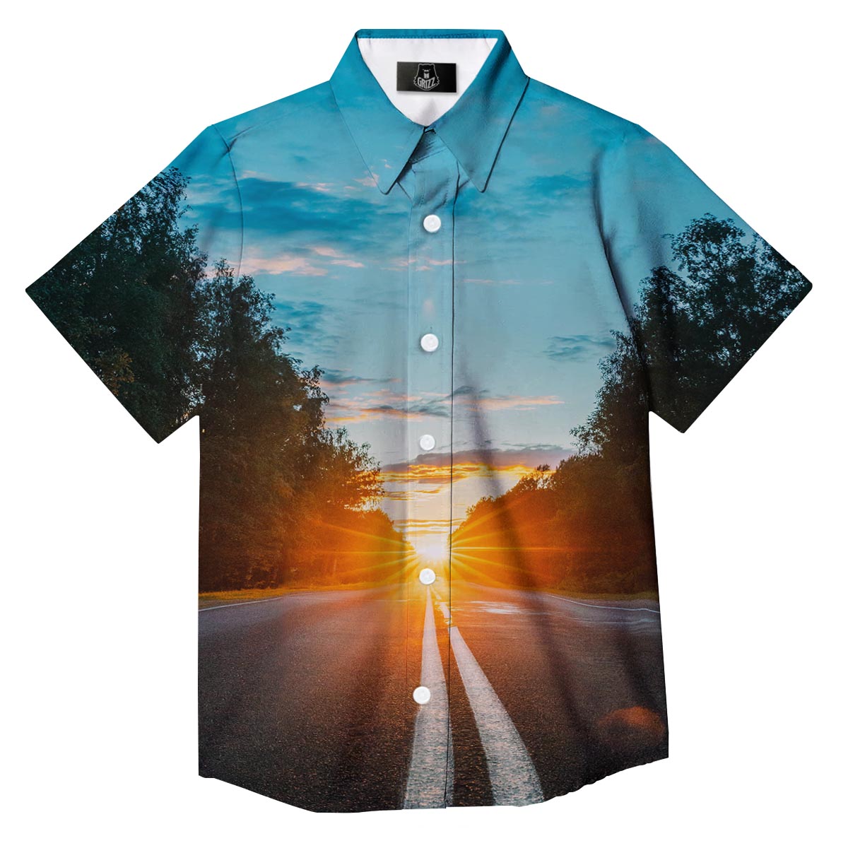 Road Sunrise Print Button Up Shirt-grizzshop