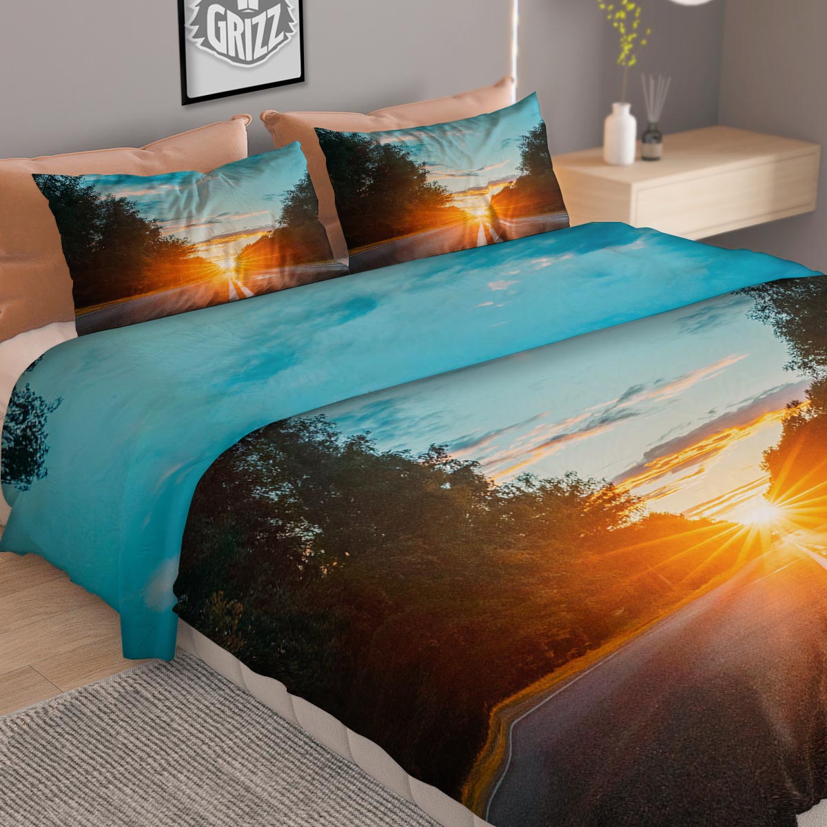 Road Sunrise Print Duvet Cover Bedding Set