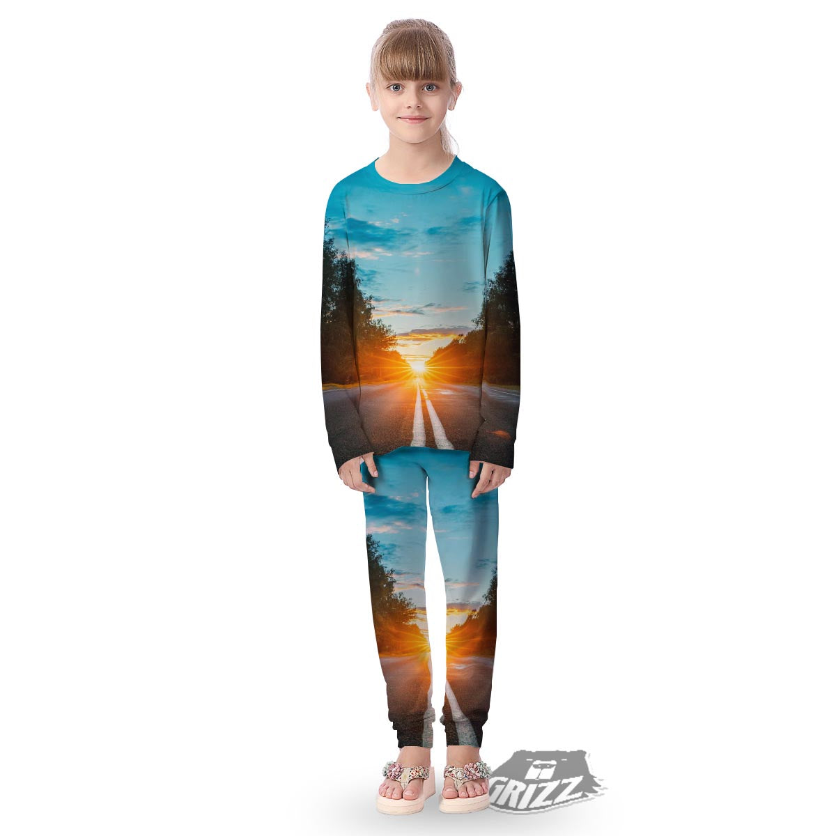 Road Sunrise Print Kid's Pajamas-grizzshop