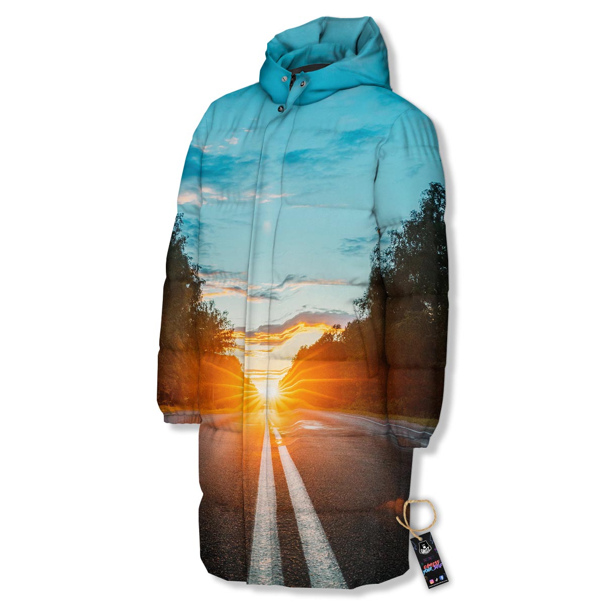 Road Sunrise Print Long Down Jacket-grizzshop