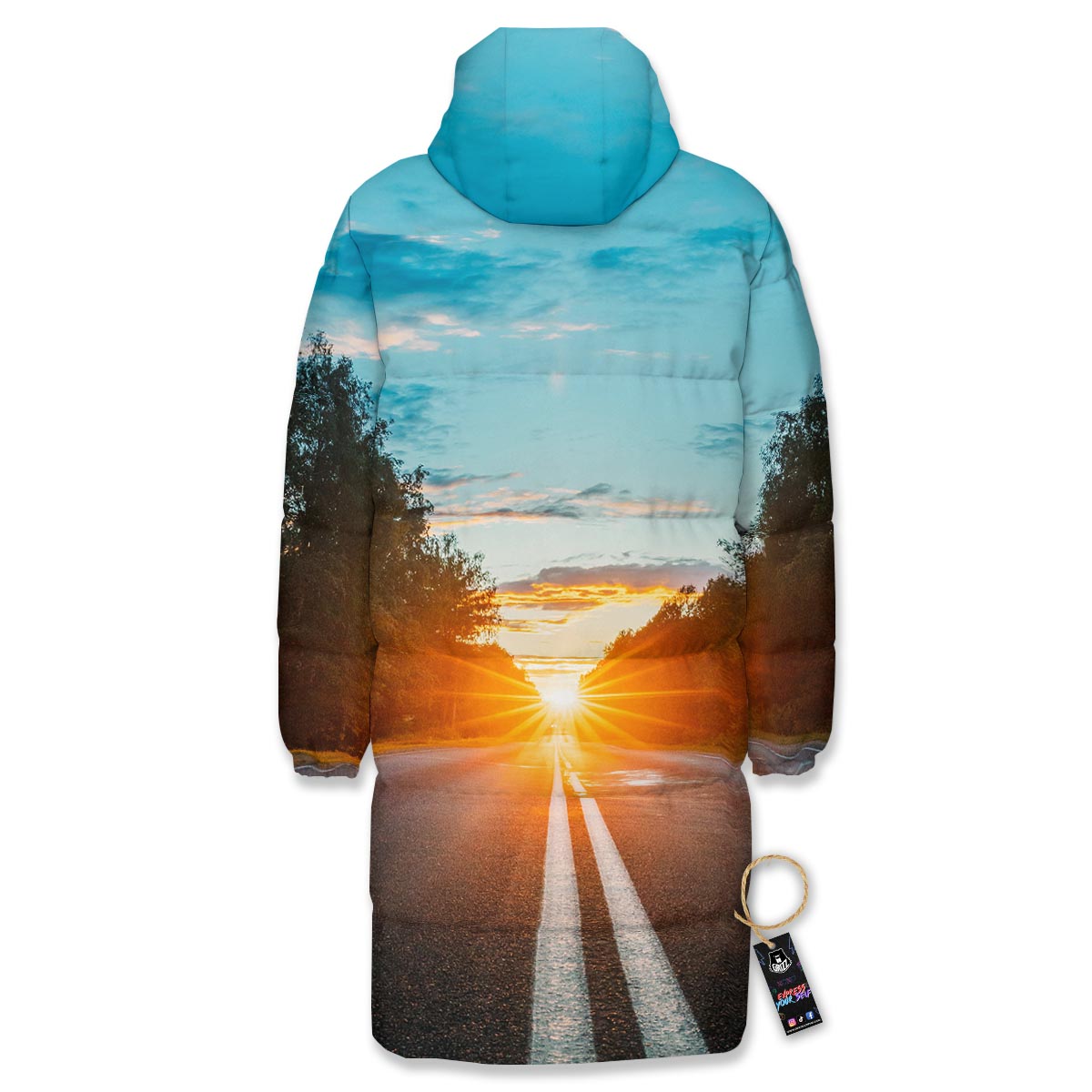 Road Sunrise Print Long Down Jacket-grizzshop