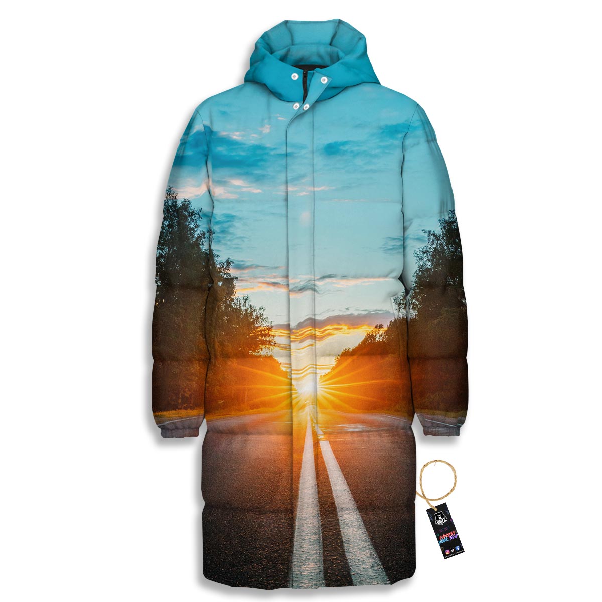 Road Sunrise Print Long Down Jacket-grizzshop
