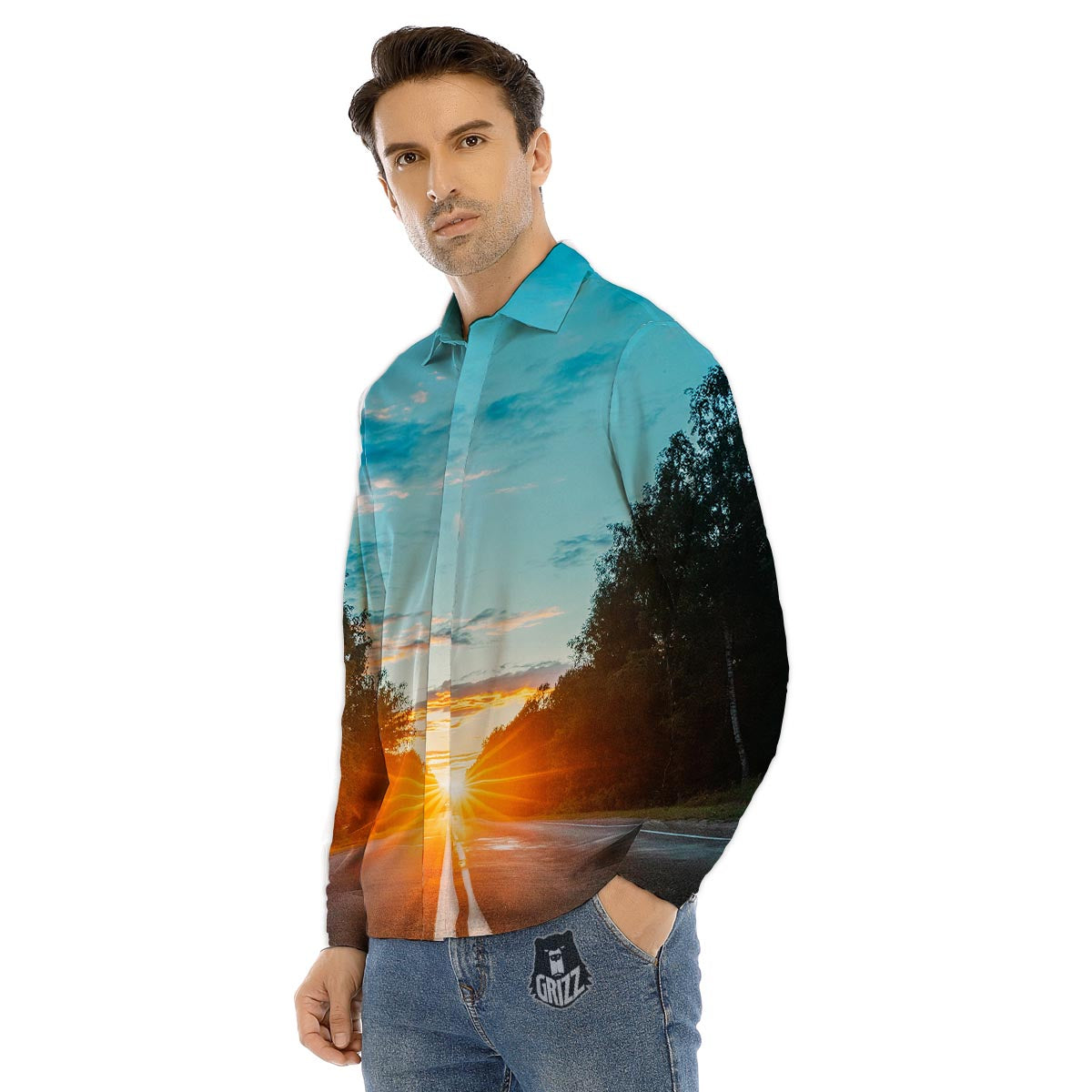 Road Sunrise Print Men's Dress Shirts-grizzshop