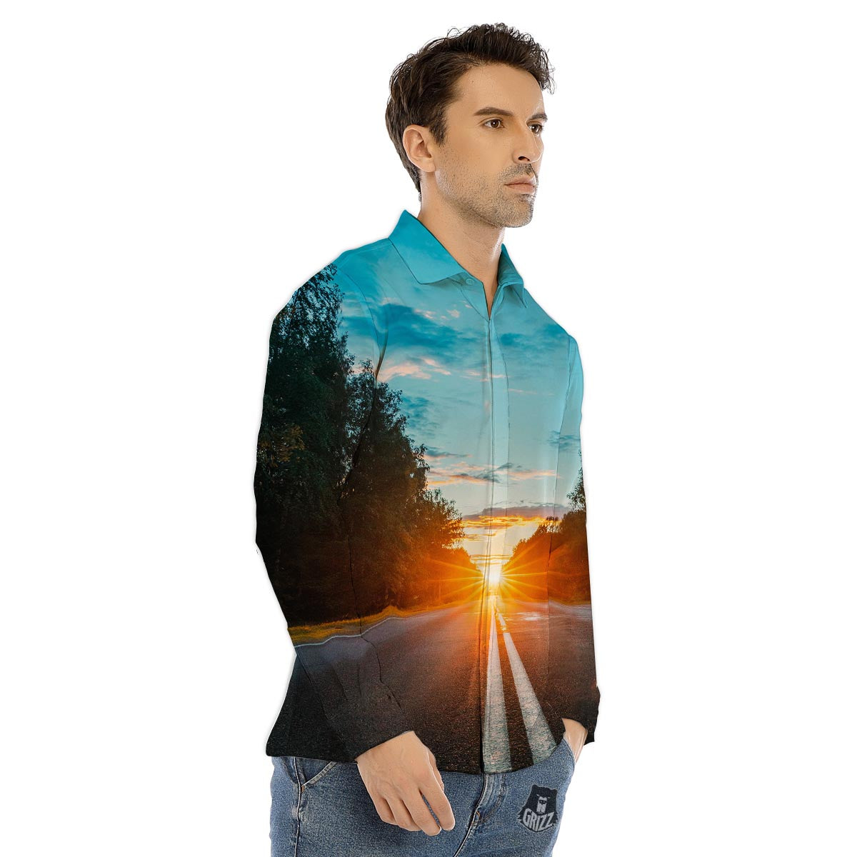 Road Sunrise Print Men's Dress Shirts-grizzshop