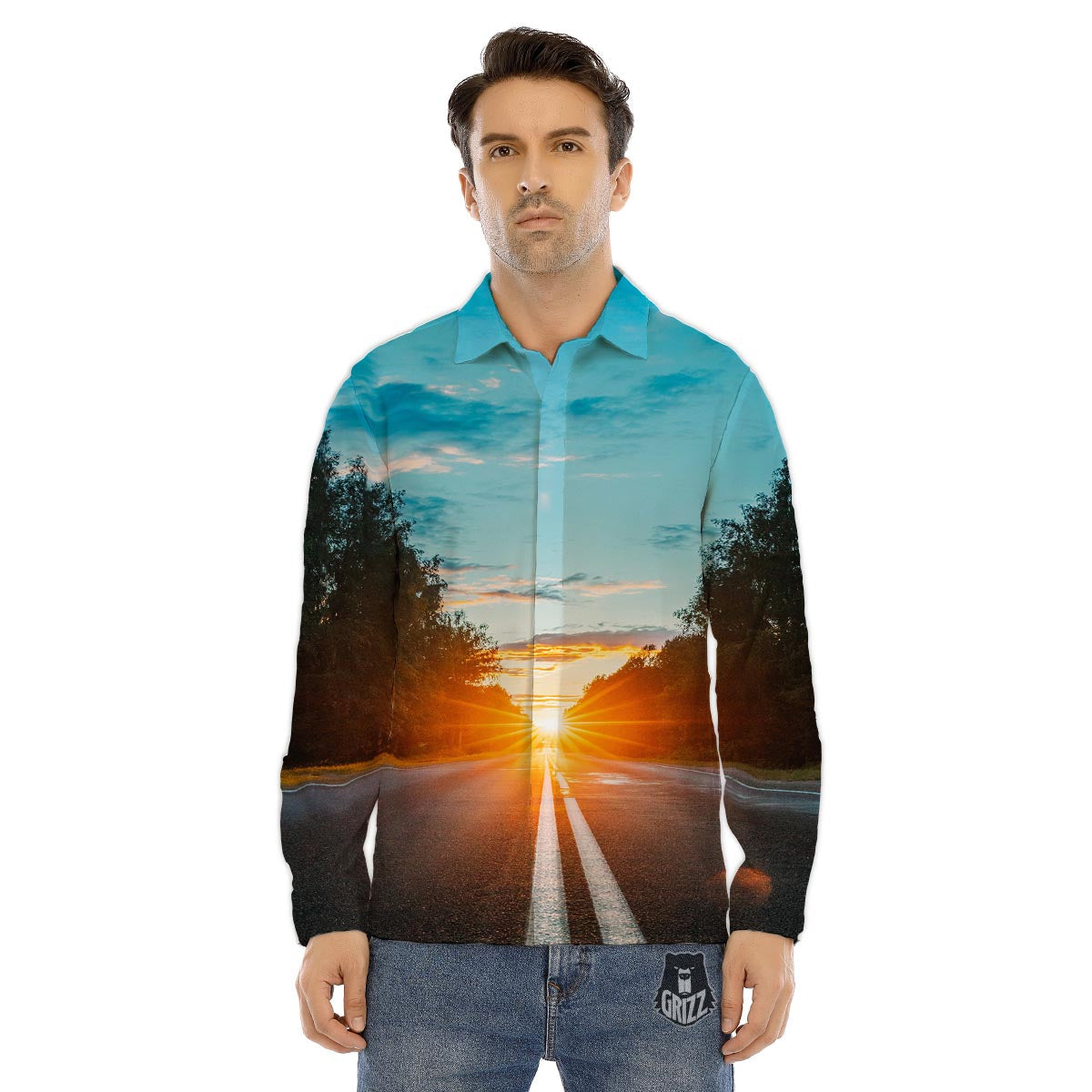 Road Sunrise Print Men's Dress Shirts-grizzshop