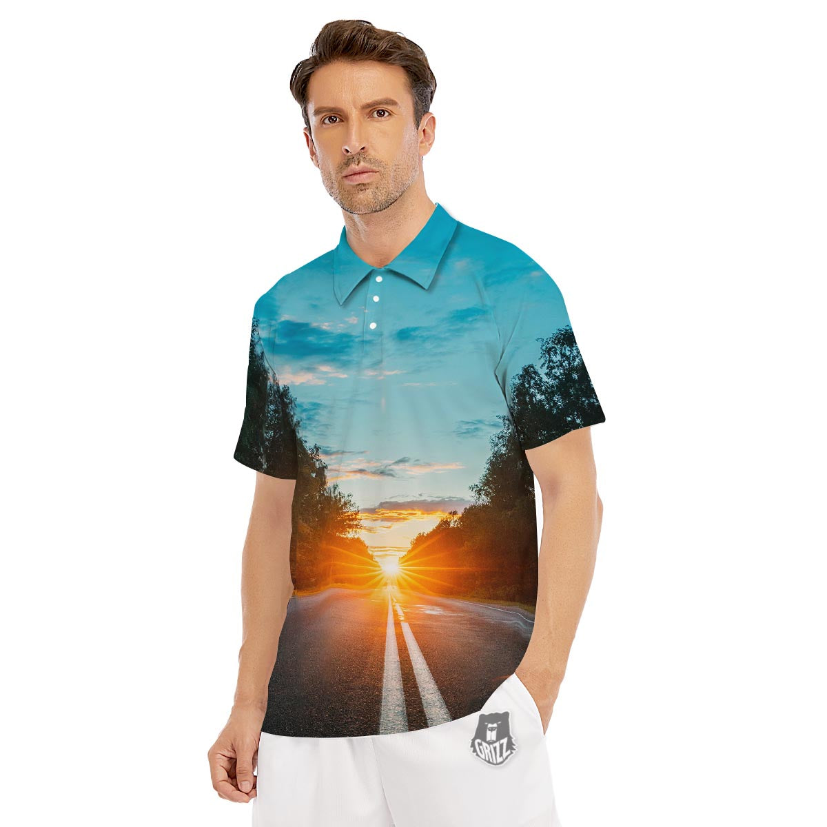 Road Sunrise Print Men's Golf Shirts-grizzshop