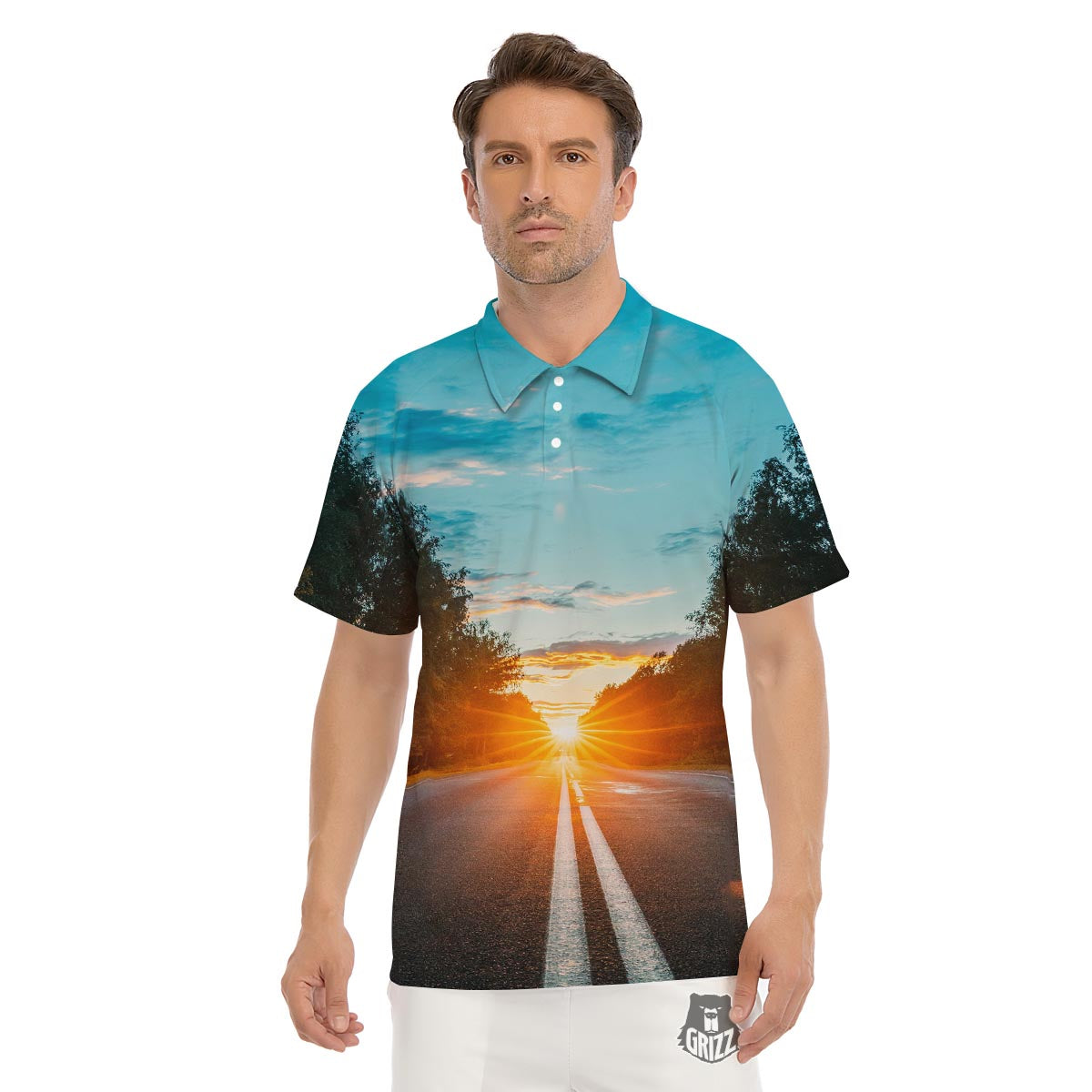 Road Sunrise Print Men's Golf Shirts-grizzshop