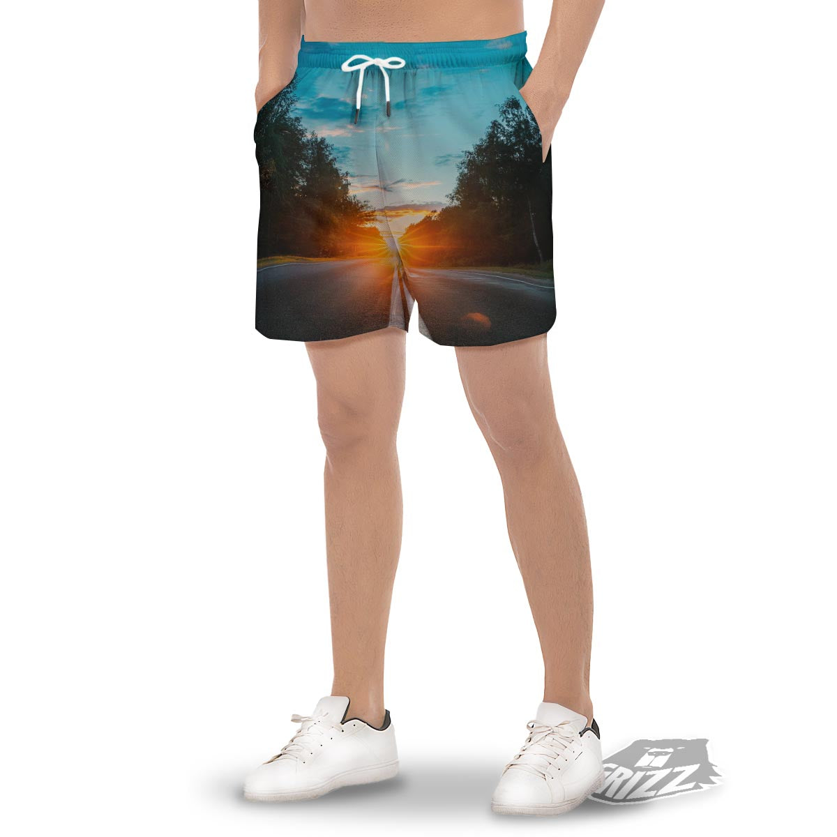 Road Sunrise Print Men's Gym Shorts-grizzshop