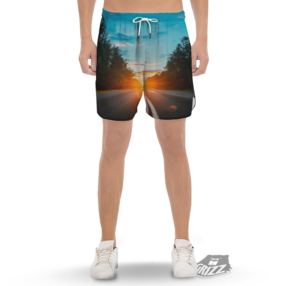 Road Sunrise Print Men's Gym Shorts-grizzshop