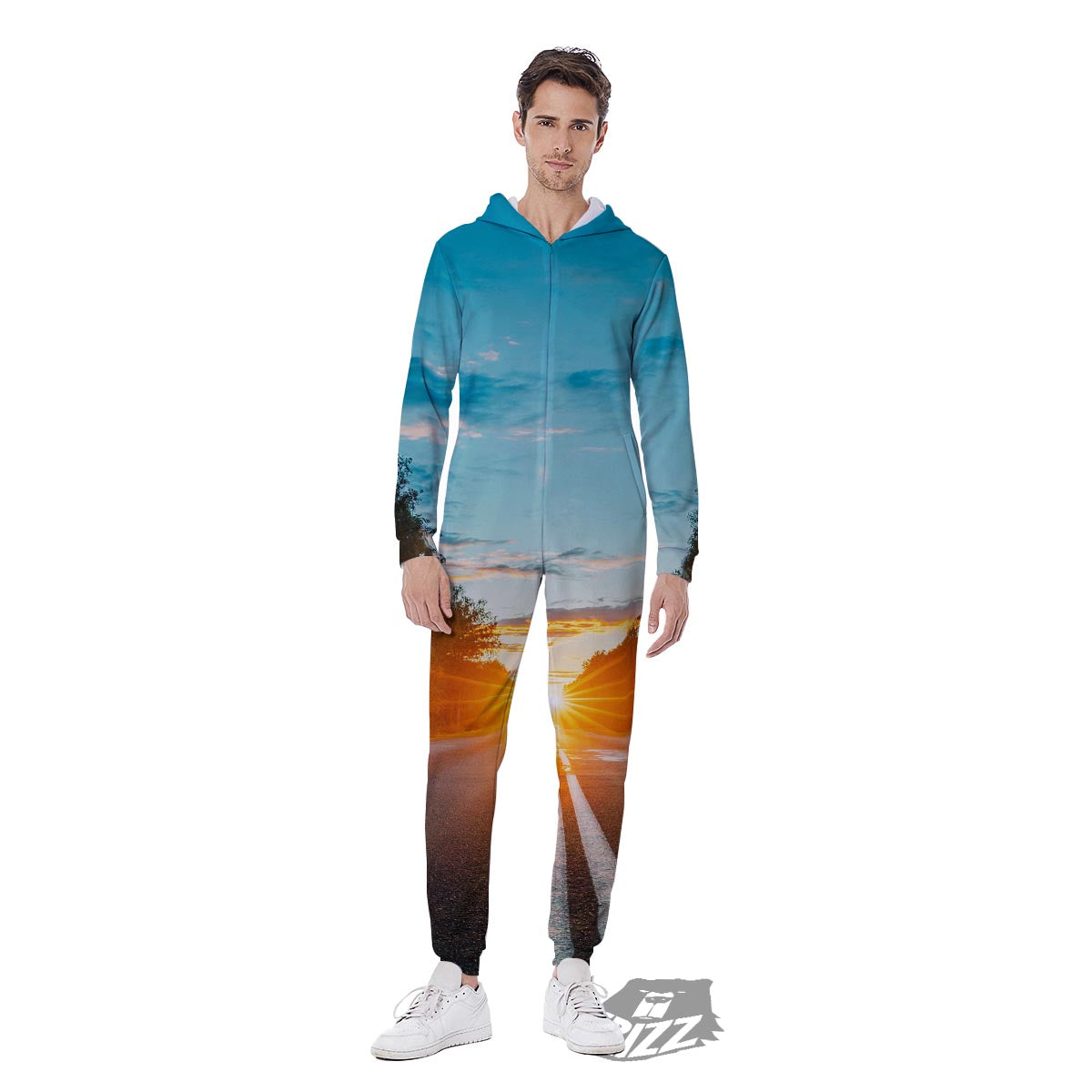 Road Sunrise Print Men's Jumpsuit-grizzshop