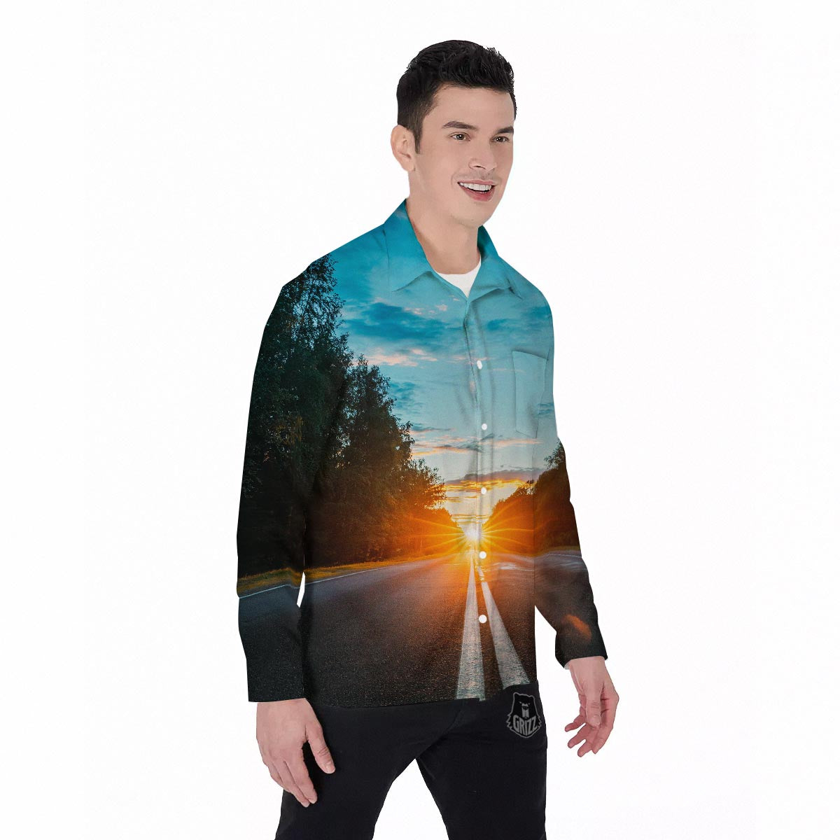 Road Sunrise Print Men's Long Sleeve Shirts-grizzshop