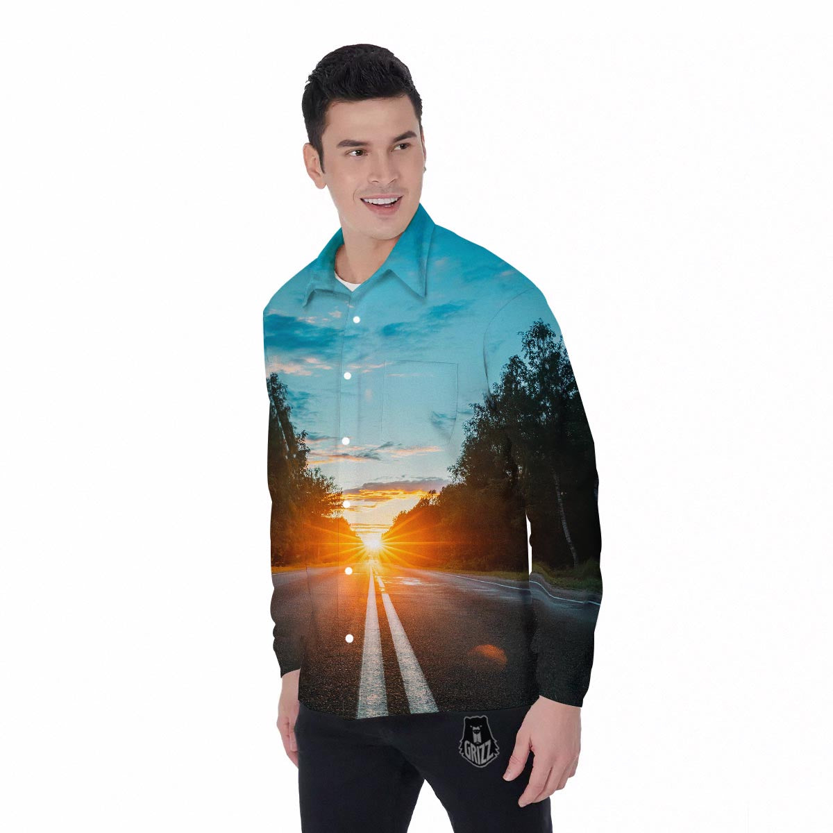 Road Sunrise Print Men's Long Sleeve Shirts-grizzshop