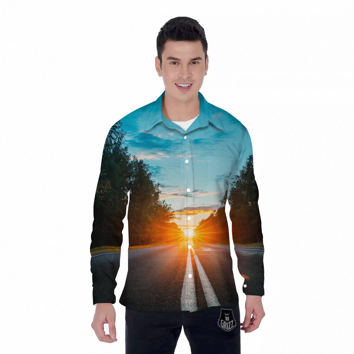 Road Sunrise Print Men's Long Sleeve Shirts-grizzshop