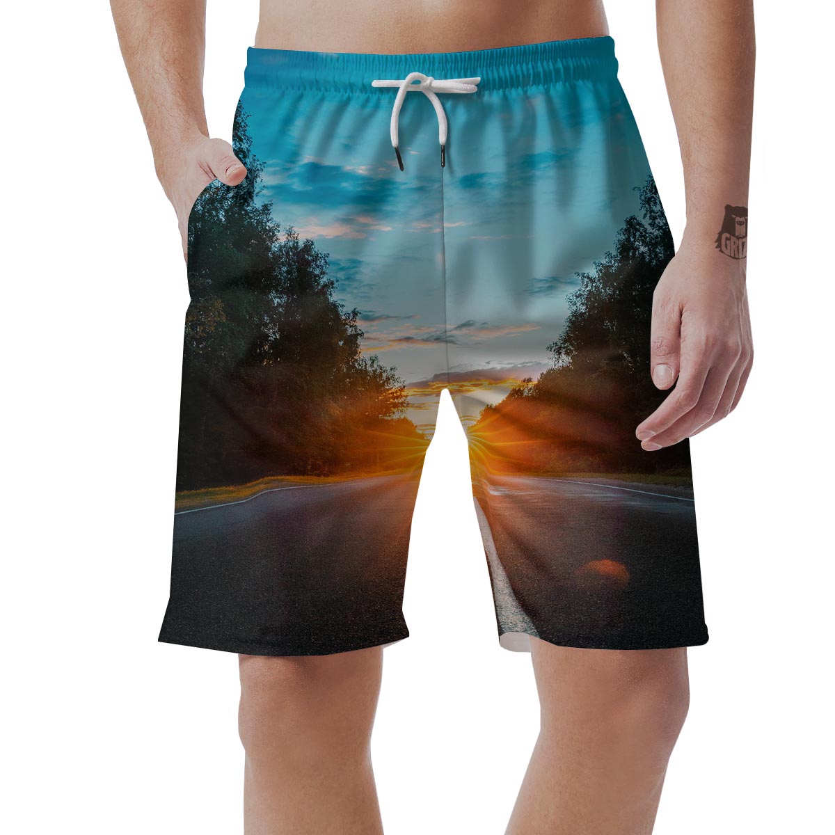 Road Sunrise Print Men's Shorts-grizzshop