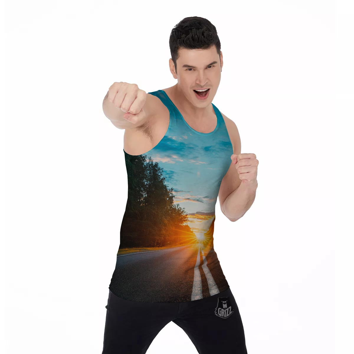 Road Sunrise Print Men's Tank Top-grizzshop