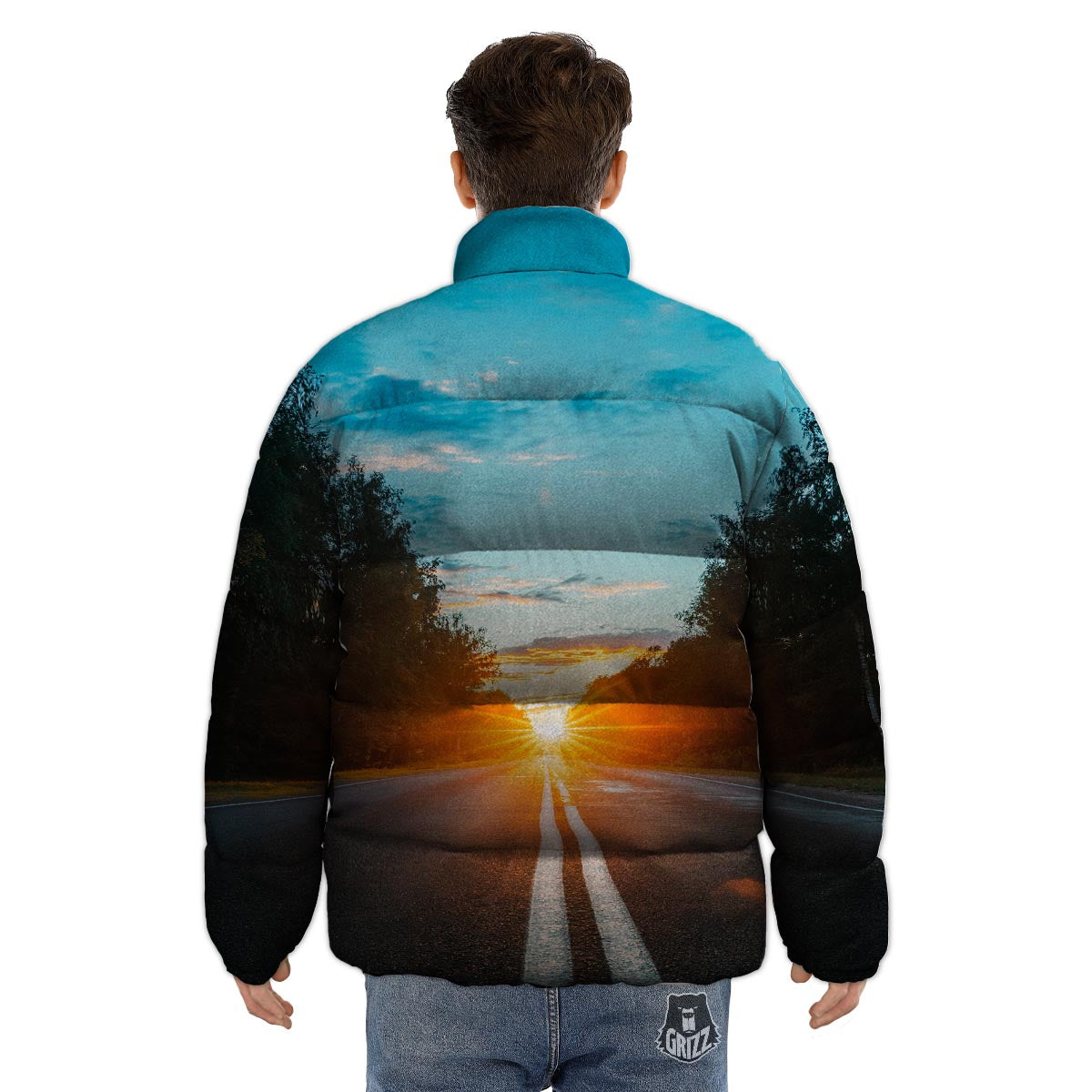 Road Sunrise Print Puffer Jacket-grizzshop