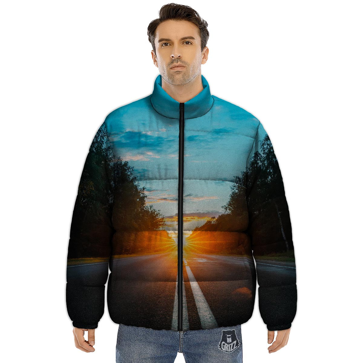 Road Sunrise Print Puffer Jacket-grizzshop