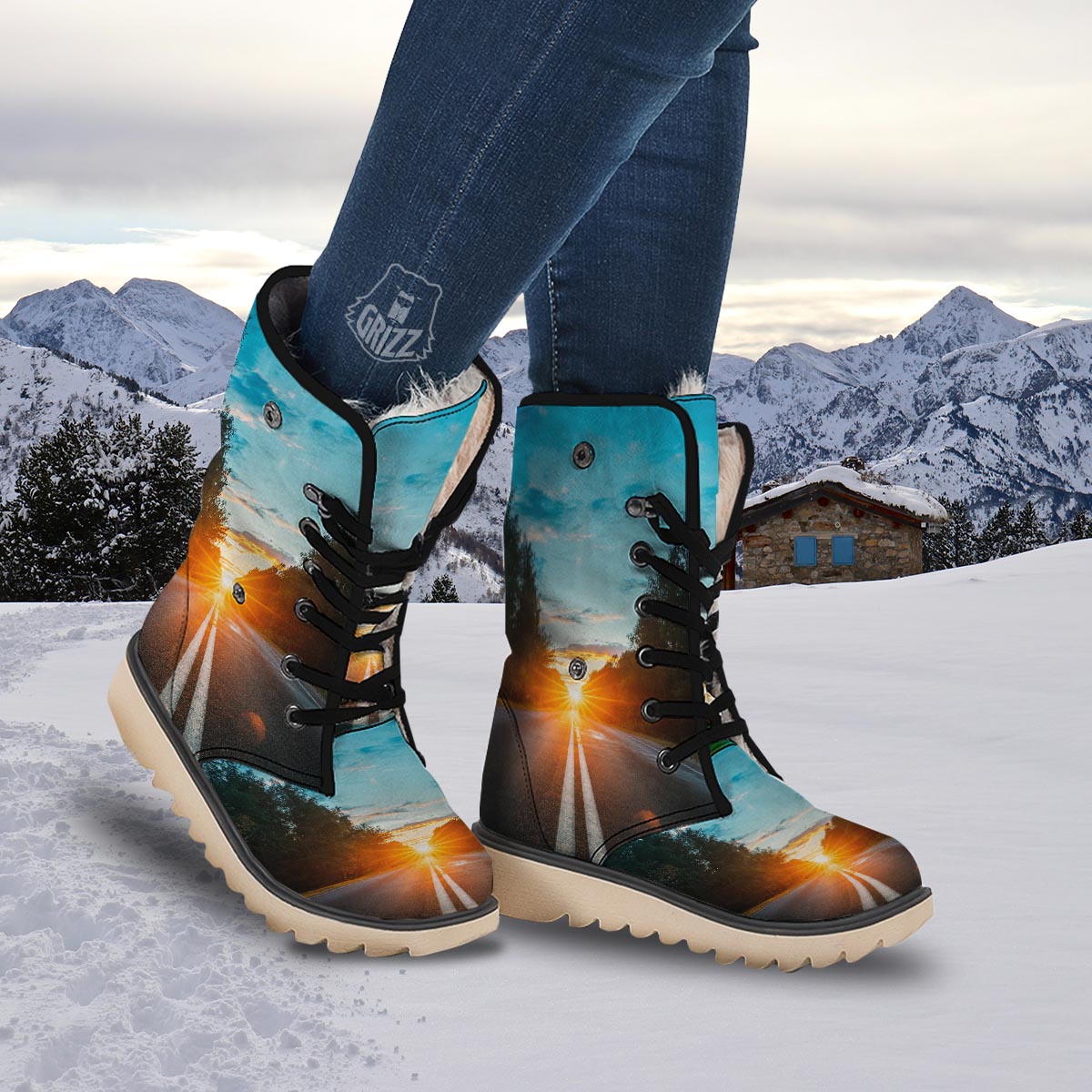 Road Sunrise Print Snow Boots-grizzshop