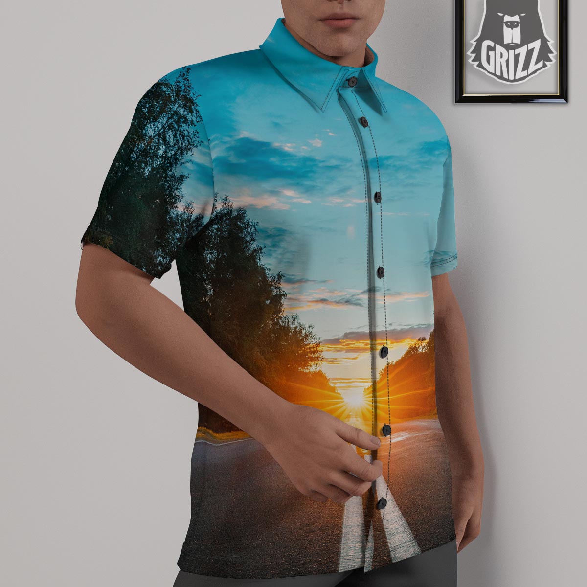 Road Sunrise Print Untucked Shirts-grizzshop