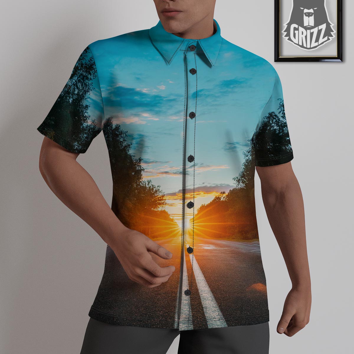 Road Sunrise Print Untucked Shirts-grizzshop